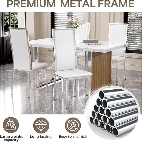Miniatura 4 de Juego de 4 sillas de comedor modernas, piel sintética blanca con patas de metal cromado plateado, diseño curvado de respaldo alto y amortiguación de