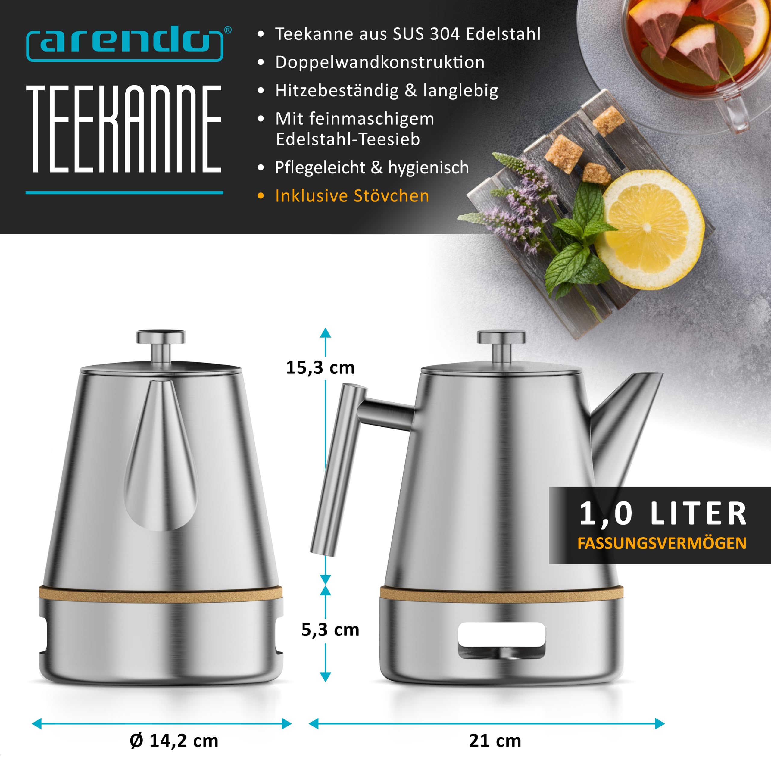 Arendo - Teekanne Edelstahl mit Stövchen - inkl. Siebeinsatz – 1000 ml - Teekanne Thermo doppelwandig – spülmaschinengeeignet - hygienisch - pflegeleicht – Luftausgleichsöffnung - Silber