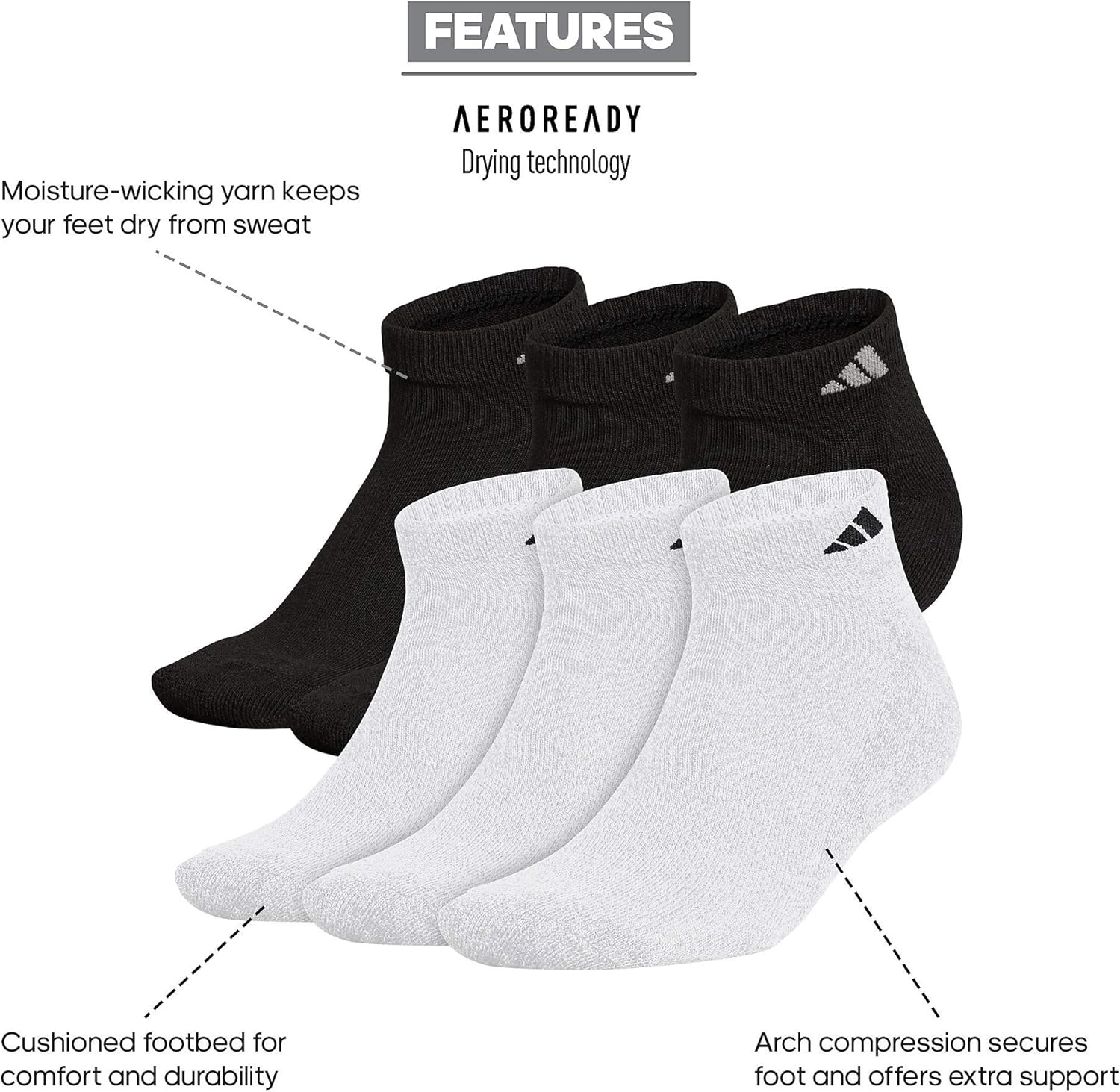 adidas Men's Athletic Cushioned 6-Pack Low Cut, White/Black Black/Aluminum 2, Large