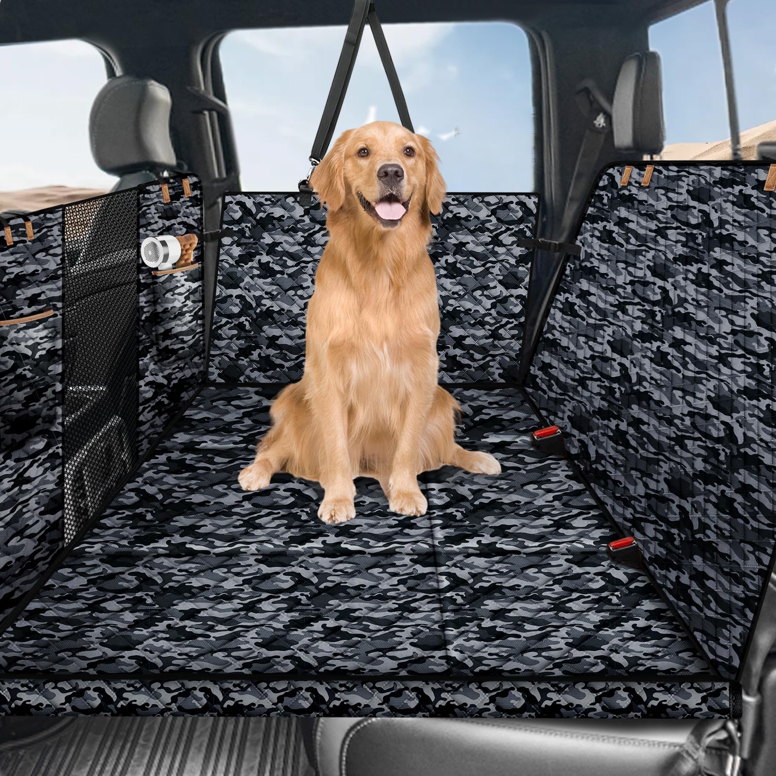 Lekeinchi Coprisedile Auto per Cani Rigido, Telo Auto per Cani Sedile Posteriore, con Pannello di Fibra Rigido, Impermeabile, Antigraffio e Prevenzione Delle Cadute, per Camion, SUV, Mimetizzazione(L)
