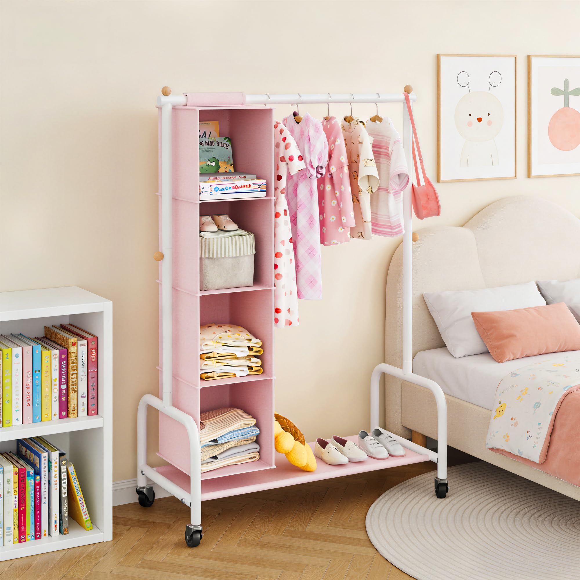 GRANNY SAYS Appendiabiti per Bambini con Organizer a Sospensione, Appendiabiti con Ruote per Travestimenti, Appendiabiti per Bambini, Appendiabiti per la Cameretta dei più Piccoli, Rosa/Bianco