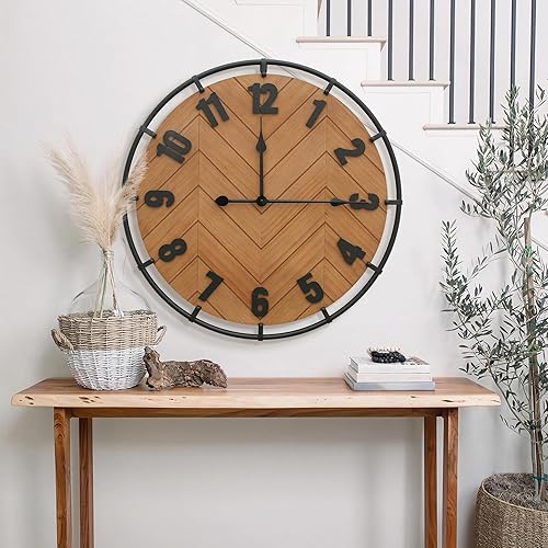 Micasso Reloj de pared de granja grande reloj silencioso de madera antigua rústica de 27 pulgadas con círculo de metal y números grandes para sala