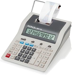 MAUL Desktop Calculator Printing MPP 123, Printing Calculator with Important Commercial Functions and 12-Digit Display, 2-Colour Print, 2.4 Lines/Sec, Mains and Battery Operated, Grey