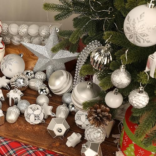 Miniatura 22 de Juego de 75 adornos navideños rojos y verdes - Kit de bolas inastillables para decoración de árbol de Navidad con estrella para coronar el árbol,