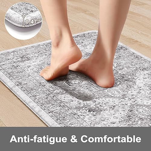 Vista 37 de KIMODE - Juego de 2 tapetes de cocina antifatiga, estilo vintage, antideslizantes, impermeables, ergonómicos, acolchados, cómodos para lavandería