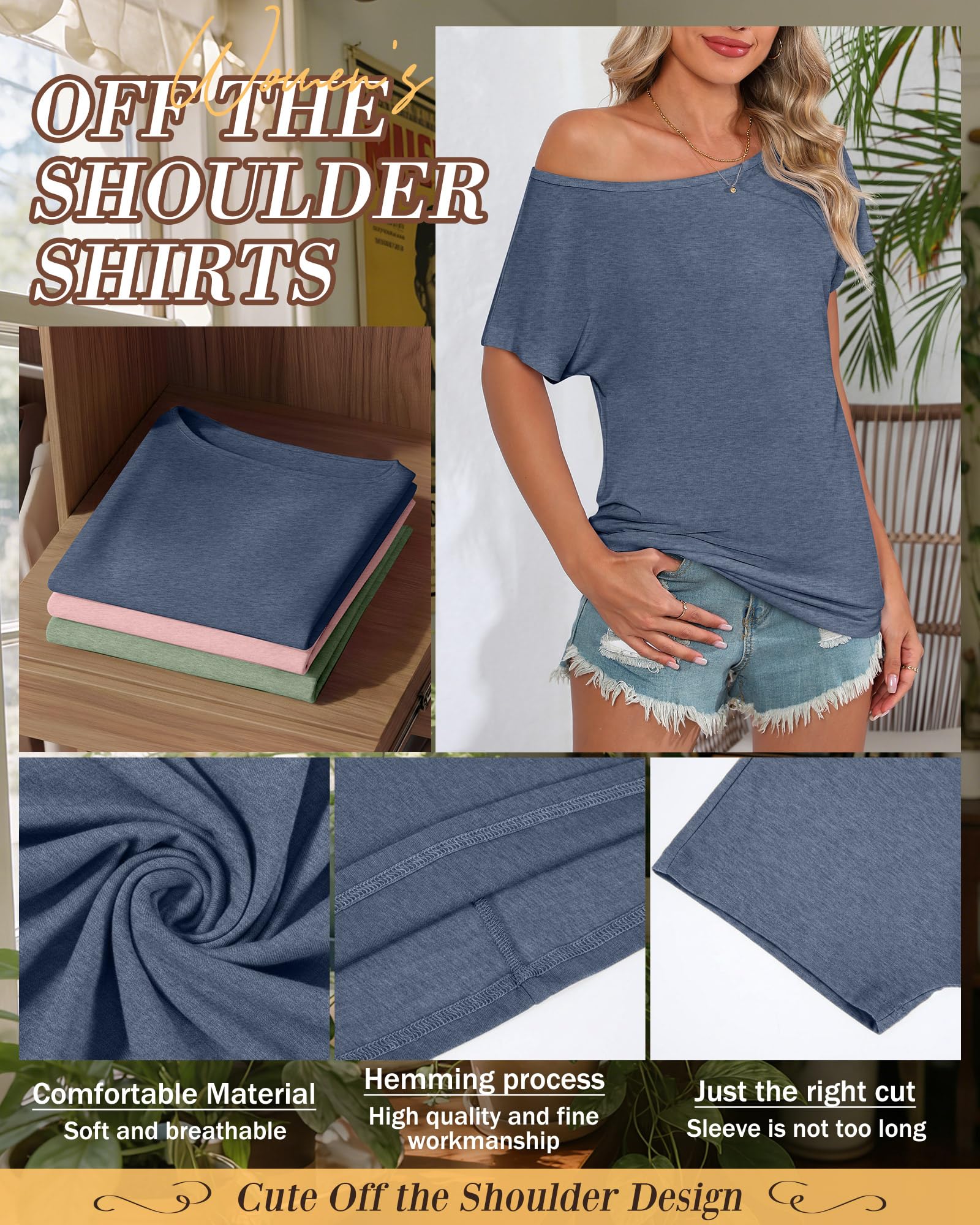 Riyiper - Confezione da 3 Magliette da Donna con Spalle Scoperte, Top Ampi e fluidi a Maniche Corte, t-Shirt Casual estive