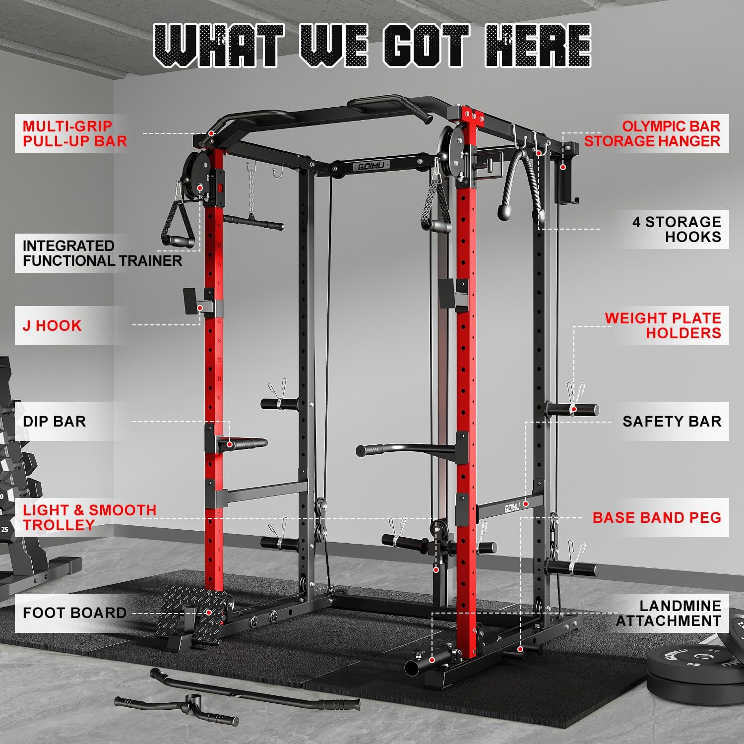 Goimu R1-V4 Power Cage Rack, 2000LB Squat Rack with Cable Crossover System, Multi-Function Weight Cage, Home Gym Workout Machine with More Training Attachments (R1-V4-Power Cage RD)