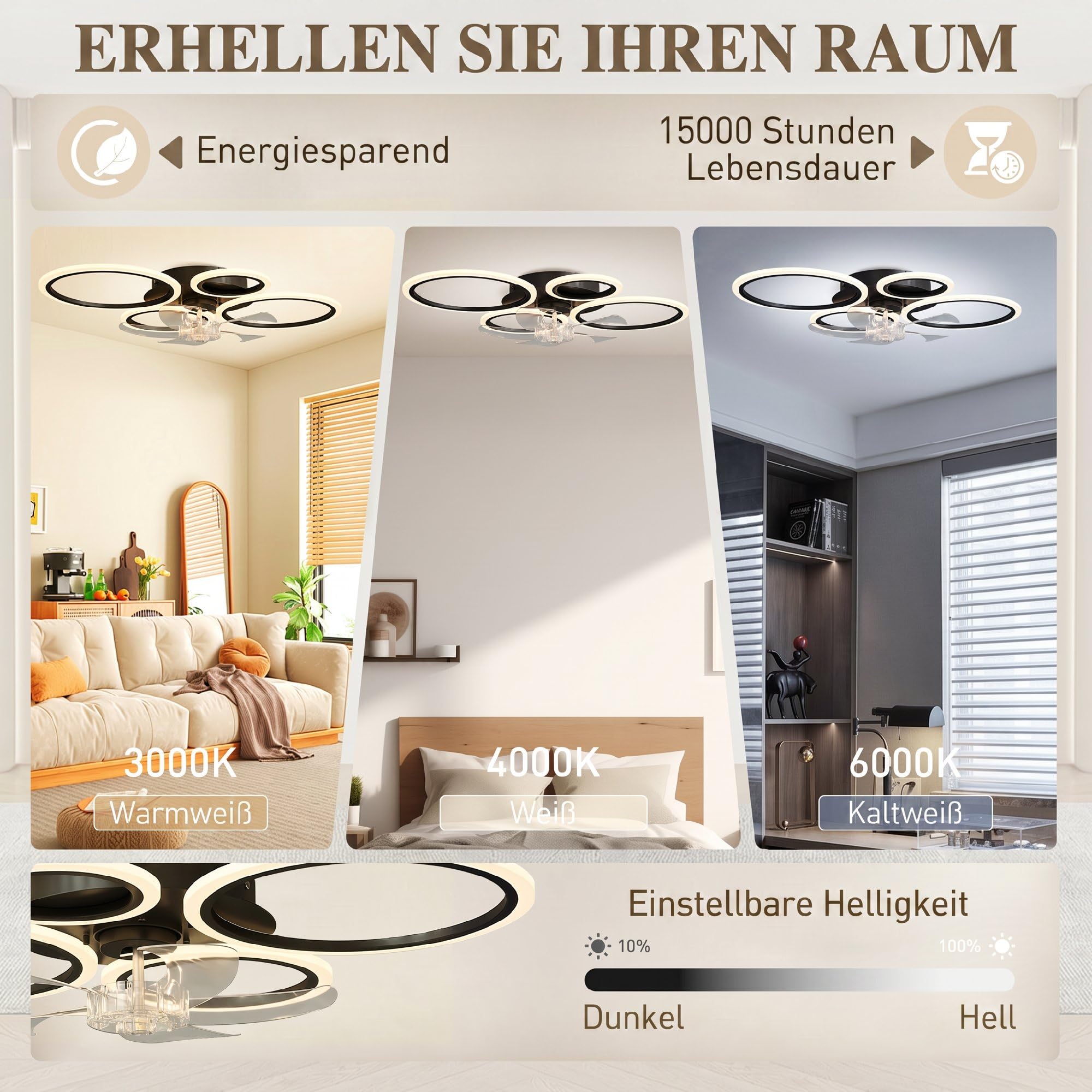 HOMCOM LED Deckenleuchte mit Ventilator 77 cm mit Fernbedienung Schwarz | Leise Deckenventilator mit Beleuchtung, 6 Geschwindigkeiten, 3 Farbtemperaturen, DC Motor, Timer, für Wohnzimmer
