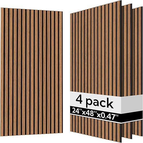 Miniatura 8 de Olanglab Paquete de 4 paneles de pared de madera acústica, paneles de pared de listones de madera con amortiguación de sonido, 23.6 x 47.2 pulgadas,