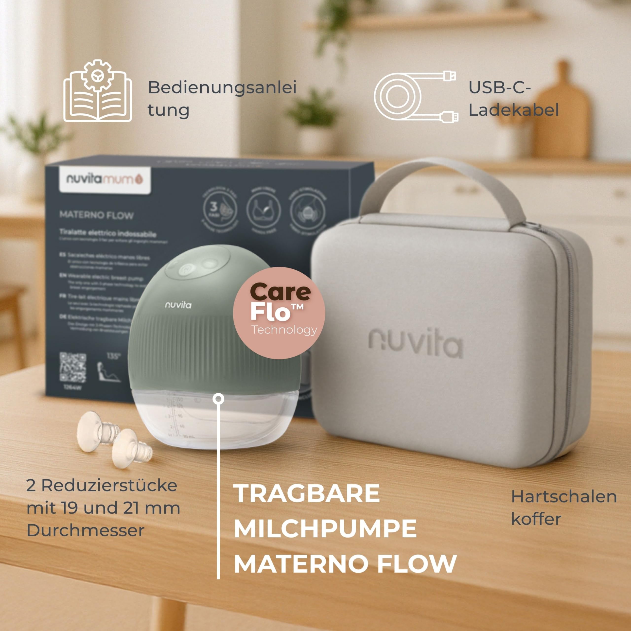 Nuvita 1264W Tragbare elektrische Milchpumpe mit 3 Stufen und Vibrationsstimulation – leise, tragbar, wiederaufladbarer USB-C-Akku, 4 vollständige Zyklen, 24-mm-Silikon-Brustglocke mit Adaptern