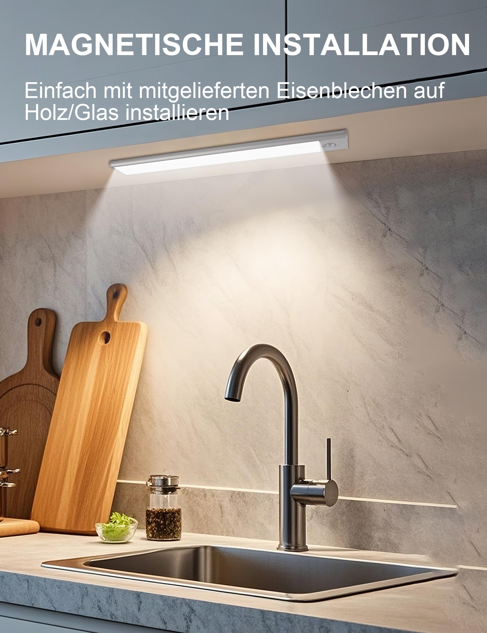 30CM Magnetische Schranklampe mit Bewegungsmelder, 2200mAh Kabellose LED Unterbauleuchte, 3000K/4000K/6500K Farbtemperatur, Dimmbar, Ideal für Küche, Schrank, Vitrine, 2 Stück