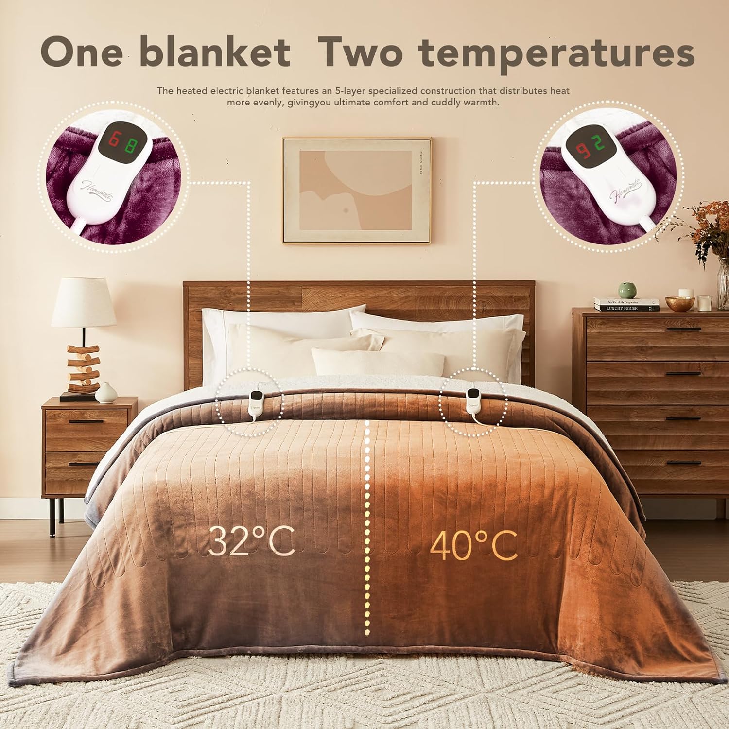 Homemate Electric Heated Blanket Queen - 84"x90" Heating Bed Blankets Throw with 10 Heating Levels 8 Hours Auto Off Fast Heating Over-Heated Protection Ultra Soft Warm Flannel ETL Certified Purple - Image 6