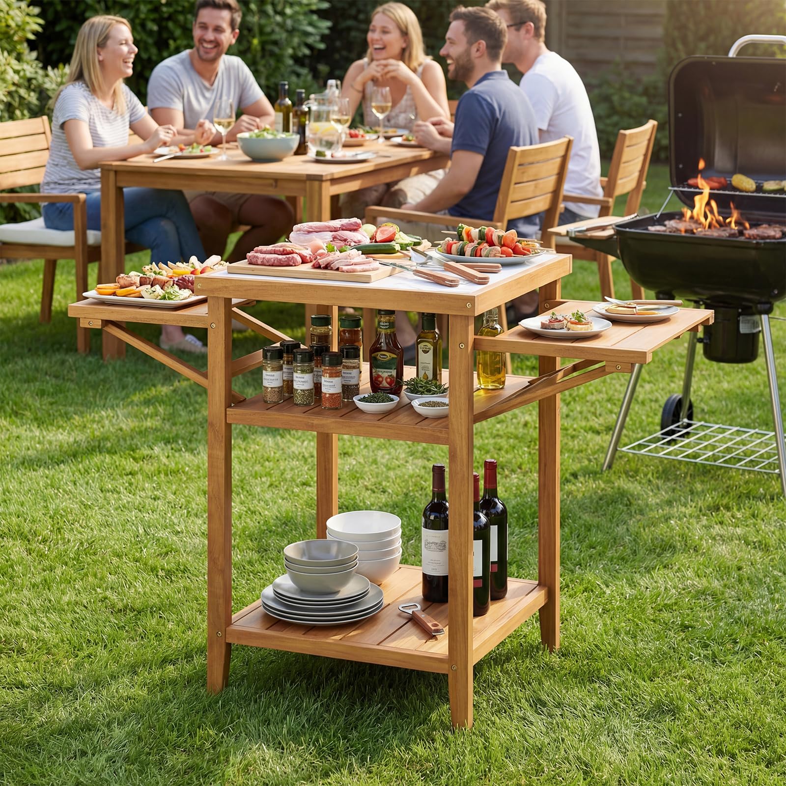 COSTWAY Grilltisch Outdoor, Campingtisch aus Akazienholz, Gartentisch mit 2 klappbaren Seitenablagen, 2 offene Ablage & Tischplatte in Marmoroptik, BBQ-Tisch für Grillen Camping Garten, Natur
