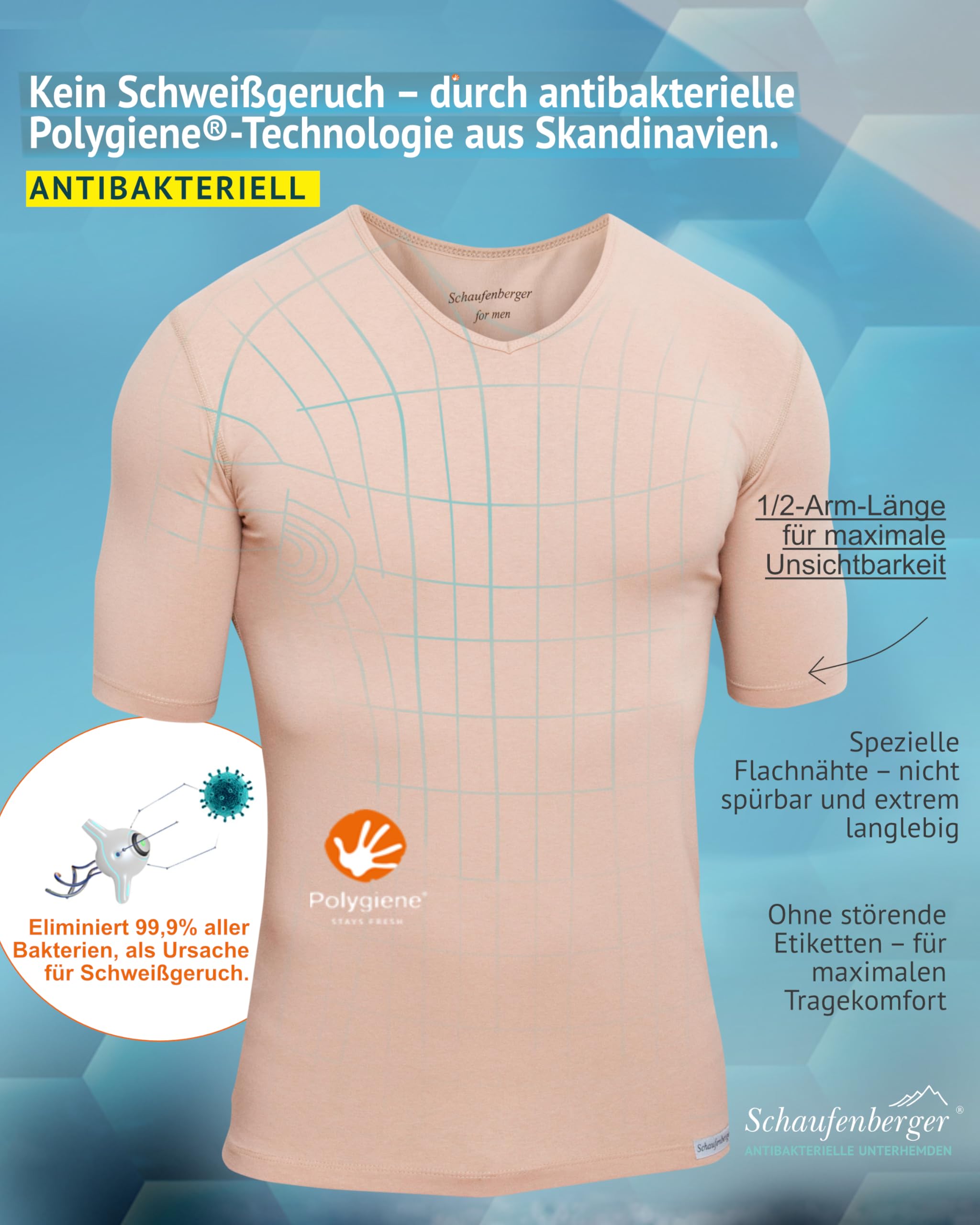 ANTIBAKTERIELLES Anti-Schweiß-Shirt Unterhemd Herren hautfarben – UNSICHTBAR unter Hemd – Geruchsneutral & atmungsaktiv – V-Neck – eng anliegend – ideal für Büro, Hochzeit, Reise