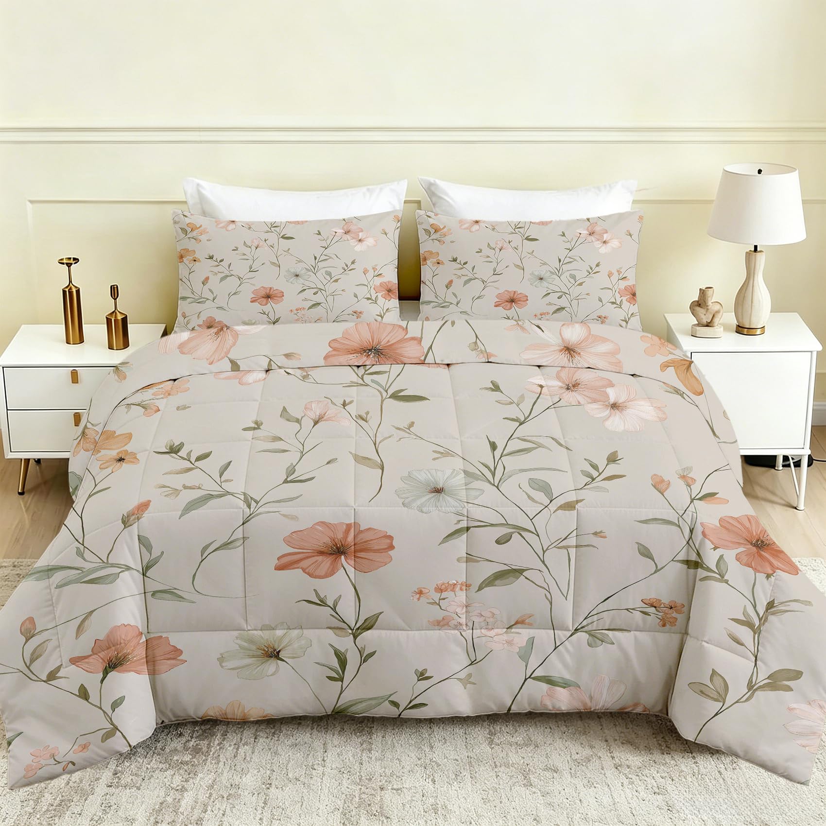 Vintage Floral Summer Duvet King Size 4.5 Tog, Wildflowers Coverless Quilt, Rustic Farmhouse Print Lightweight & Breathable Comforter 230x220 with 2 Pillowcases, Machine Washable, zT112-S