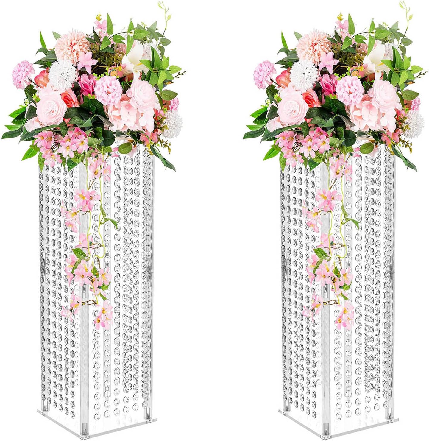 Clear Flower Stand Centerpieces for Tables - 2 Pcs Acrylic Tall Vases for Centerpieces, 23.6" Geometric Vase Stand with Chandelier Crystals, Center Pieces Decoration for Wedding, Party, Event, Home