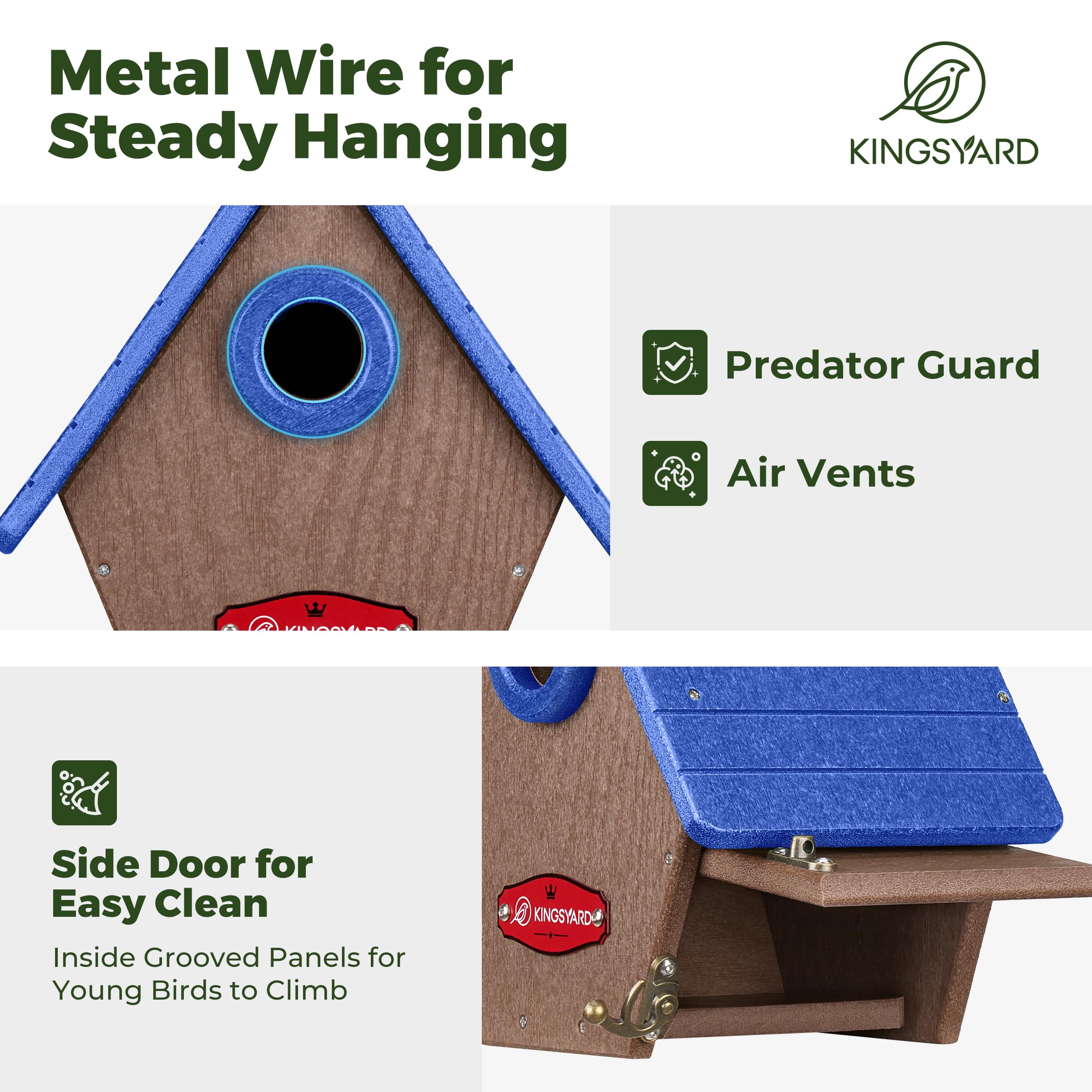 Kingsyard Casa de pájaros de plástico reciclado para exteriores, caja anidada colgante con protector de depredador y rejillas de ventilación para gallinero Wren Finch, color azul
