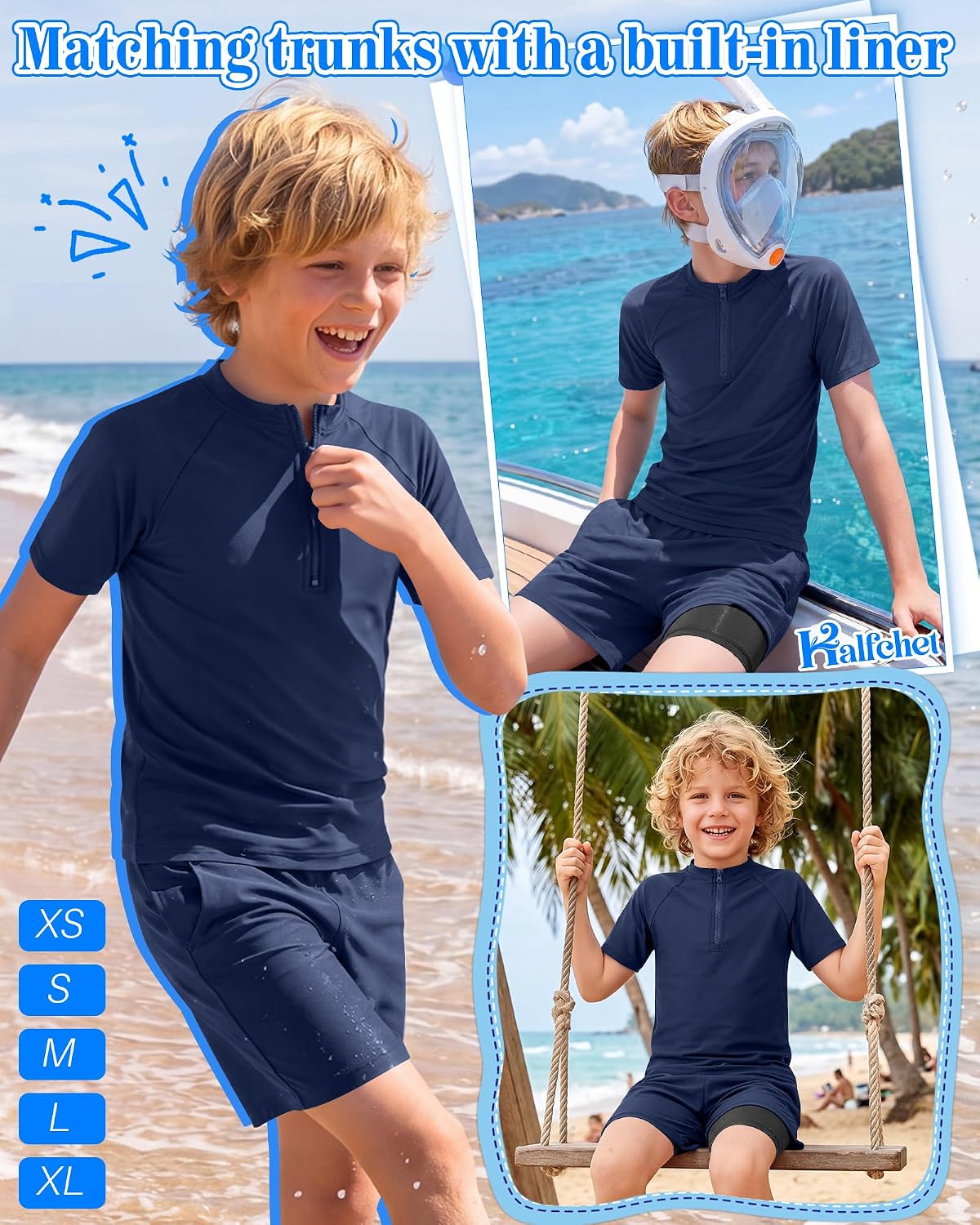 Halfchet Boy's Swimsuit Short Sleeve Rash Guard and Swim Trunk Two Pieces Bathing Suit UPF 50+ Swimwear 5-14 Years(Navy Blue,7-8 Years)