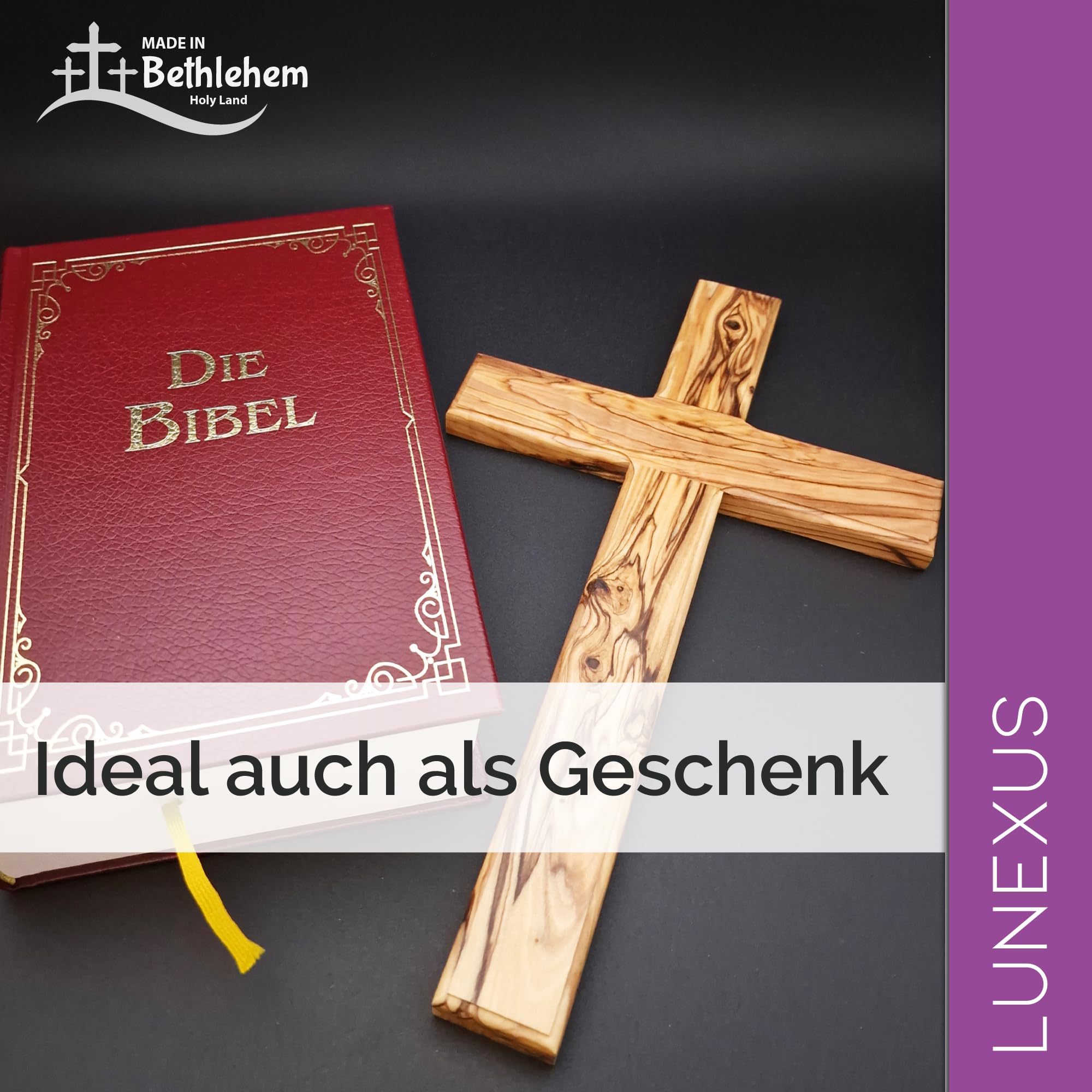 Lunexus Wandkreuz Olivenholz 30 cm - Handgefertigt, gesegnet | Hochwertiges Olivenholz aus Bethlehem - gesegnet mit Zertifikat - mit Wandhalterung - für Kommunion, Hausaltar, Deko