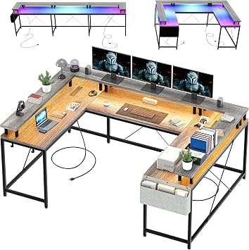 Patikuin U Shaped Desk with Power Outlets, USB Ports & RGB LED Lights, 79 Inch Large Corner Computer Desk with Monitor Stand, Reversible Gaming Desk for Home Office, Ergonomic Workstation Oak