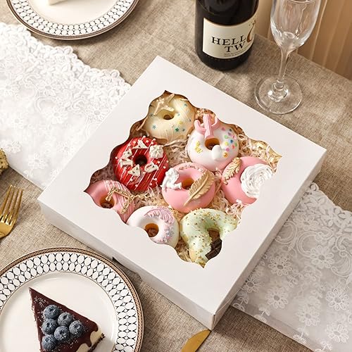 Miniatura 5 de Moretoes 24 cajas de panadería, 10 x 10 x 2.5 pulgadas, cajas de pastel autoemergentes para galletas, fresas cubiertas de chocolate, pasteles,