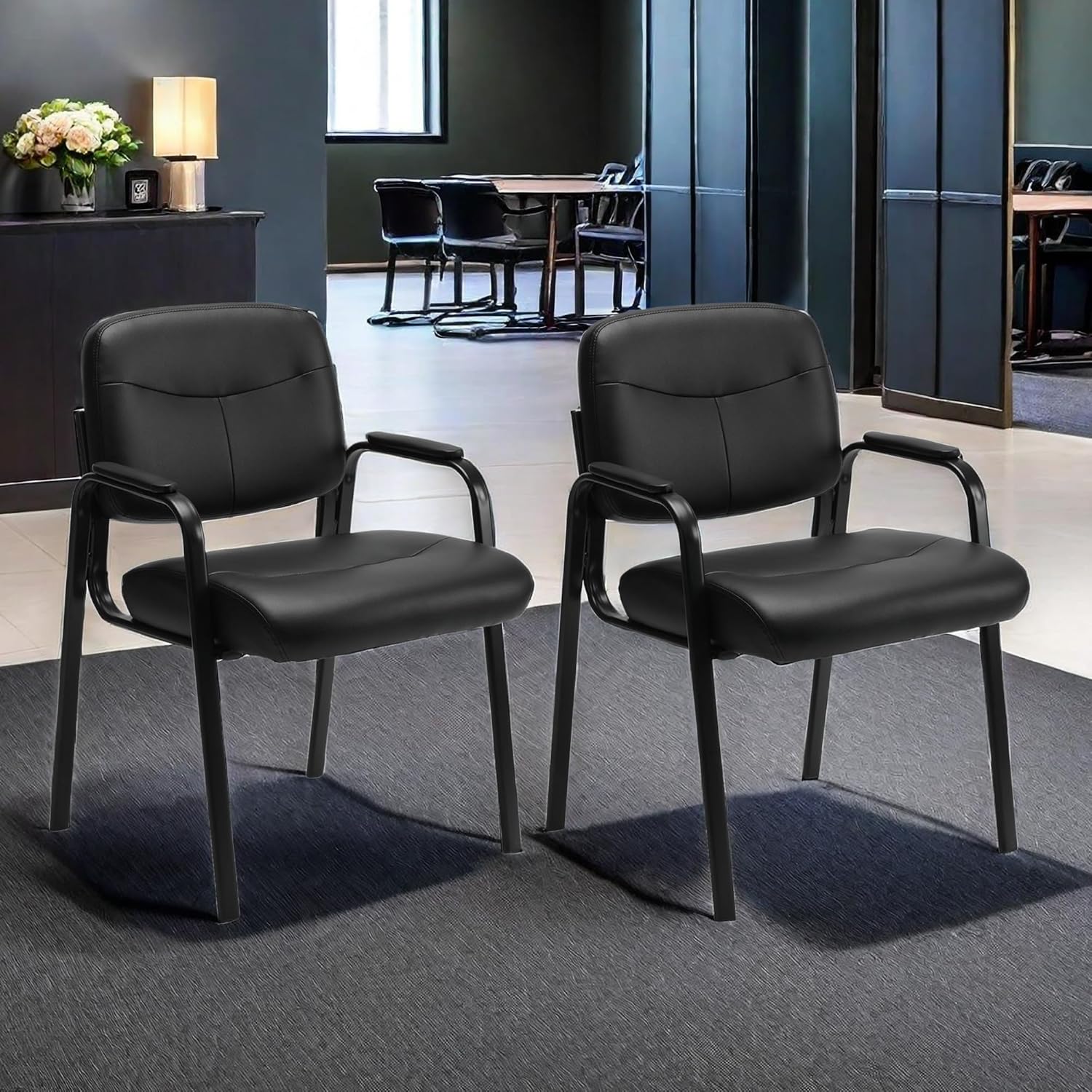 Waiting Room Chairs, Leather Reception Conference Room Chairs with Padded Armrests, Comfy Thickened Cushion Office Guest Chair for Lobby Meeting Home, Set of 2-Black A