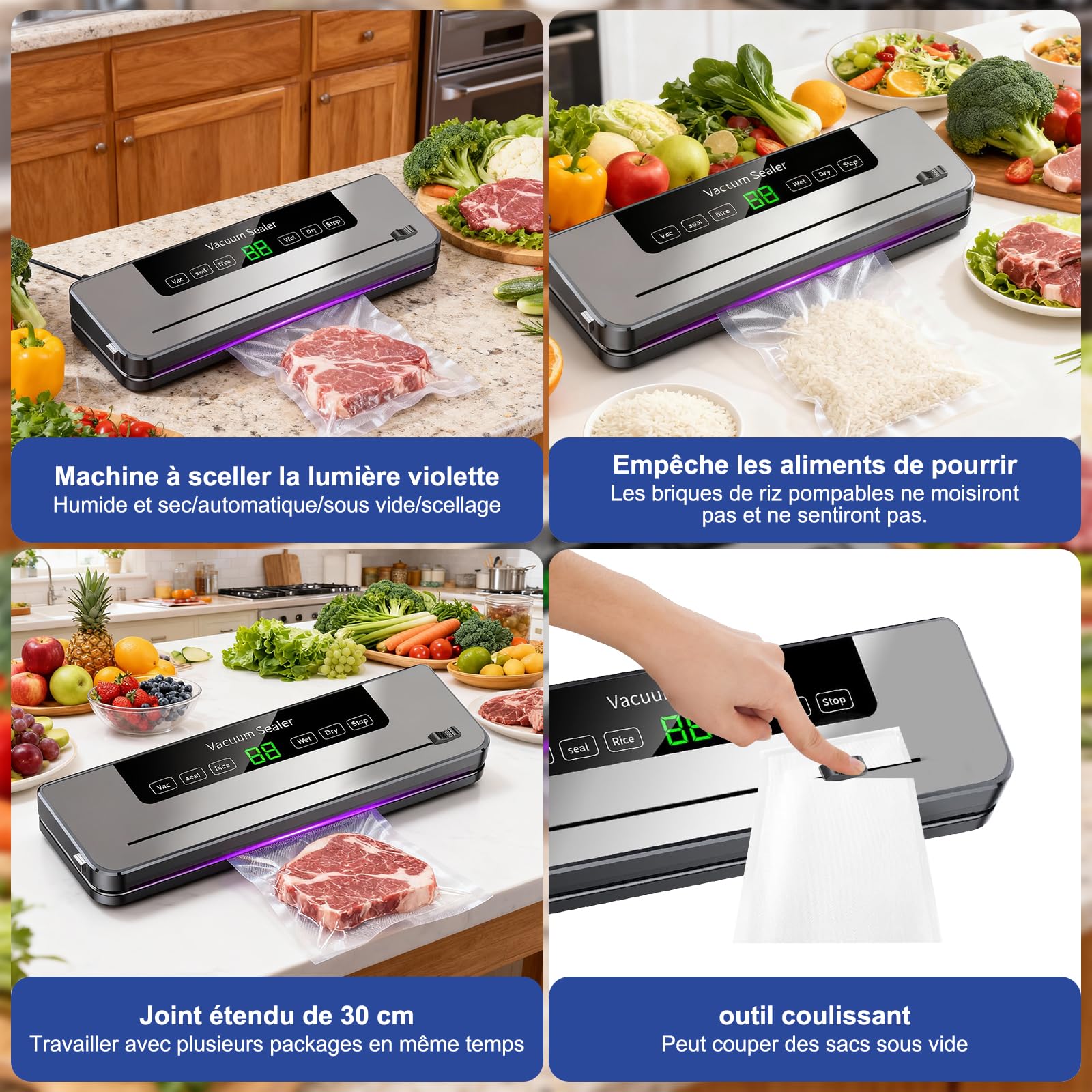 Macchina sottovuoto per alimenti con 60 sacchetti sottovuoto, sottovuoto multifunzione 5 in 1, con modalità bagnata e asciutta per conservare frutta, verdura, pane, carne, ecc.