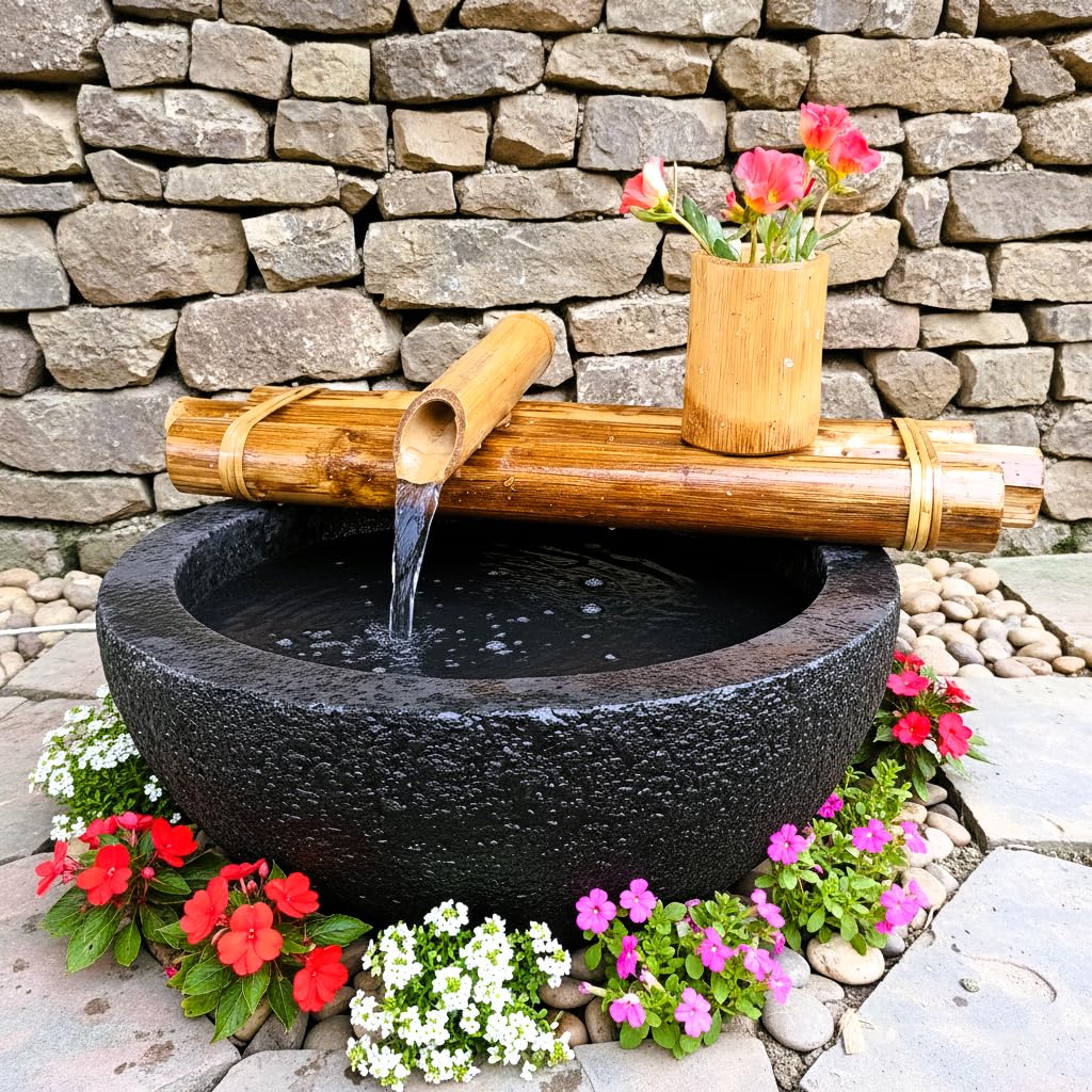 Handcrafted Japanese Zen Bamboo Water Fountain Kit with Pump | Rustic Indoor/Outdoor Tabletop Water Feature | Free Detachable Flower Holder | Relaxation, Meditation & Home Decor (Bowl Not Included)-image-27
