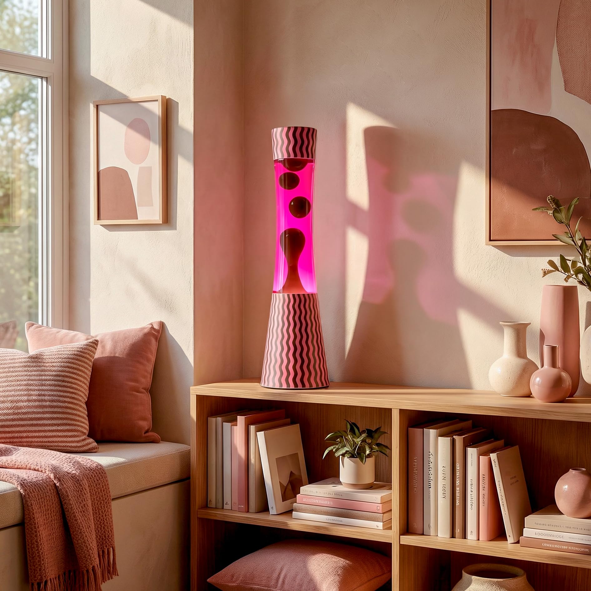 Fisura – Lampe à lave effet ondulations. Lampe décorative relaxante pour maison ou bureau, design original avec lave marron et liquide rose, ampoule de rechange incluse, 11 x 11 x 39,5 cm