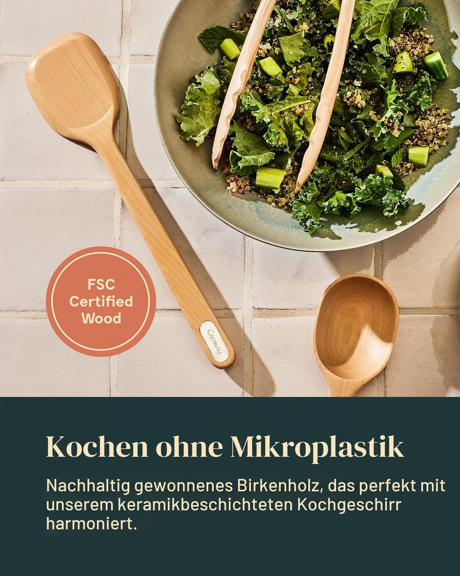 Caraway 5-teiliges Holzutensilien-Set, Kochutensilien-Set | Löffel, Servierer, Schaber, Spatel und Zange, aus FSC-zertifiziertem Birkenholz, ohne Mikroplastik
