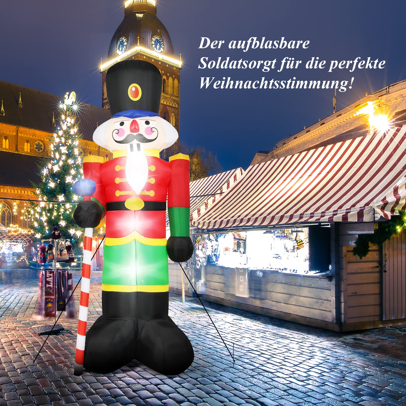 GOPLUS 240 cm Nussknacker Soldat, Aufblasbare Weihnachtsfigur, Weihnachtsdeko mit LED-Beleuchtung, mit Eingebautem Gebläse, mit Befestigungsmaterial, für Innen- & Außenbereich