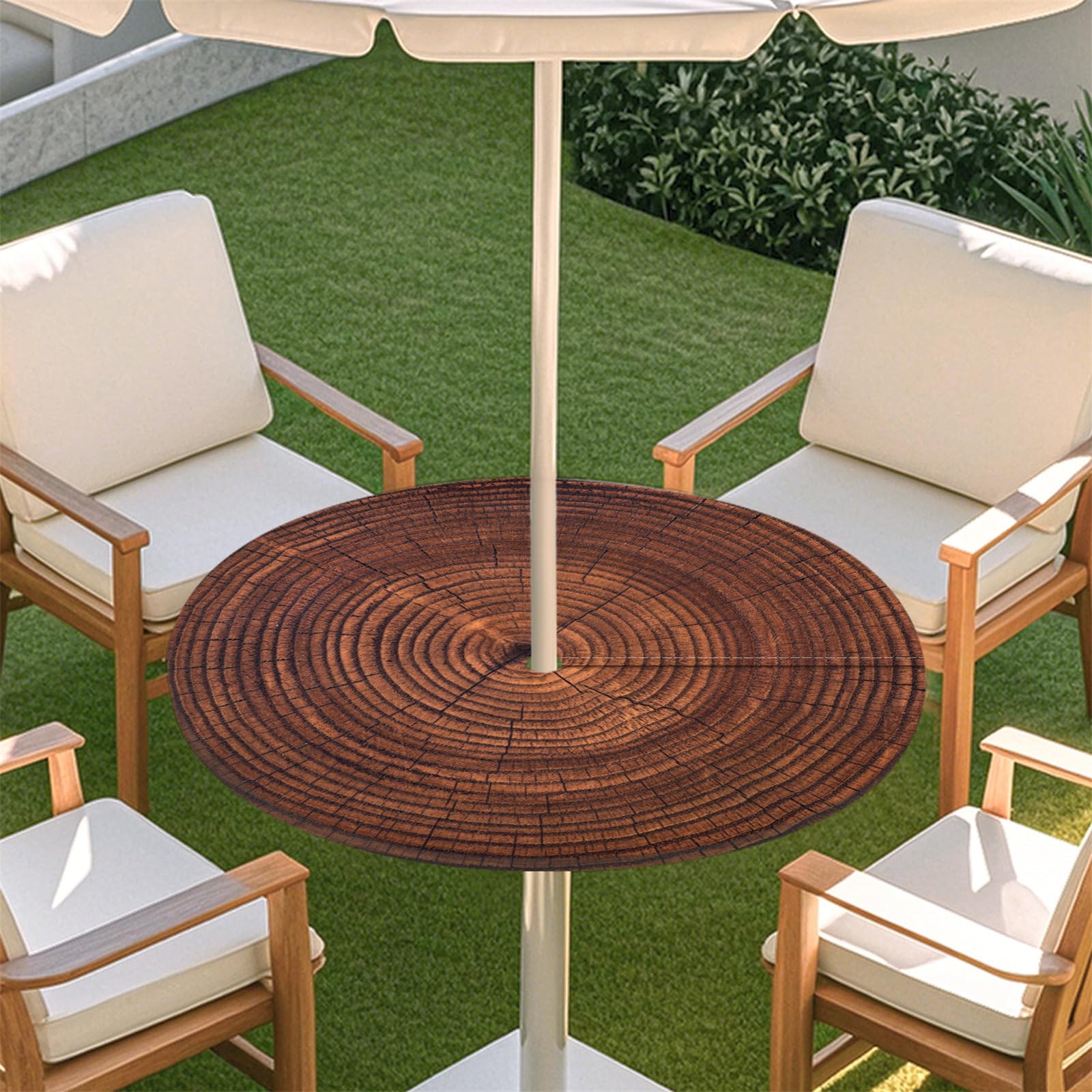 Fasbuy Outdoor Round Tablecloth with Parasol Hole and Zipper, Woodgrain Table Cloth Waterproof, Damask Ceramic Tile Mandala Wipeable Tablecloths Elastic Edge for Patio Garden (Tree1,S)