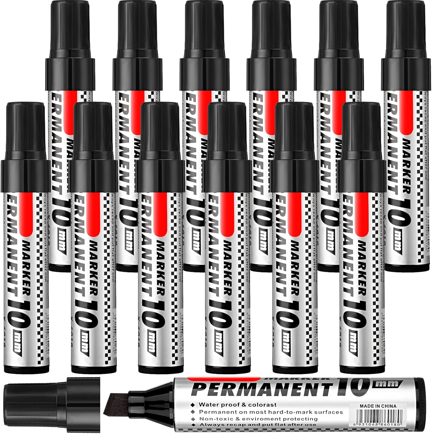 Teling 12 Pcs Jumbo Size Permanent Markers Bulk Chisel Tip Big Marker Pens Markers