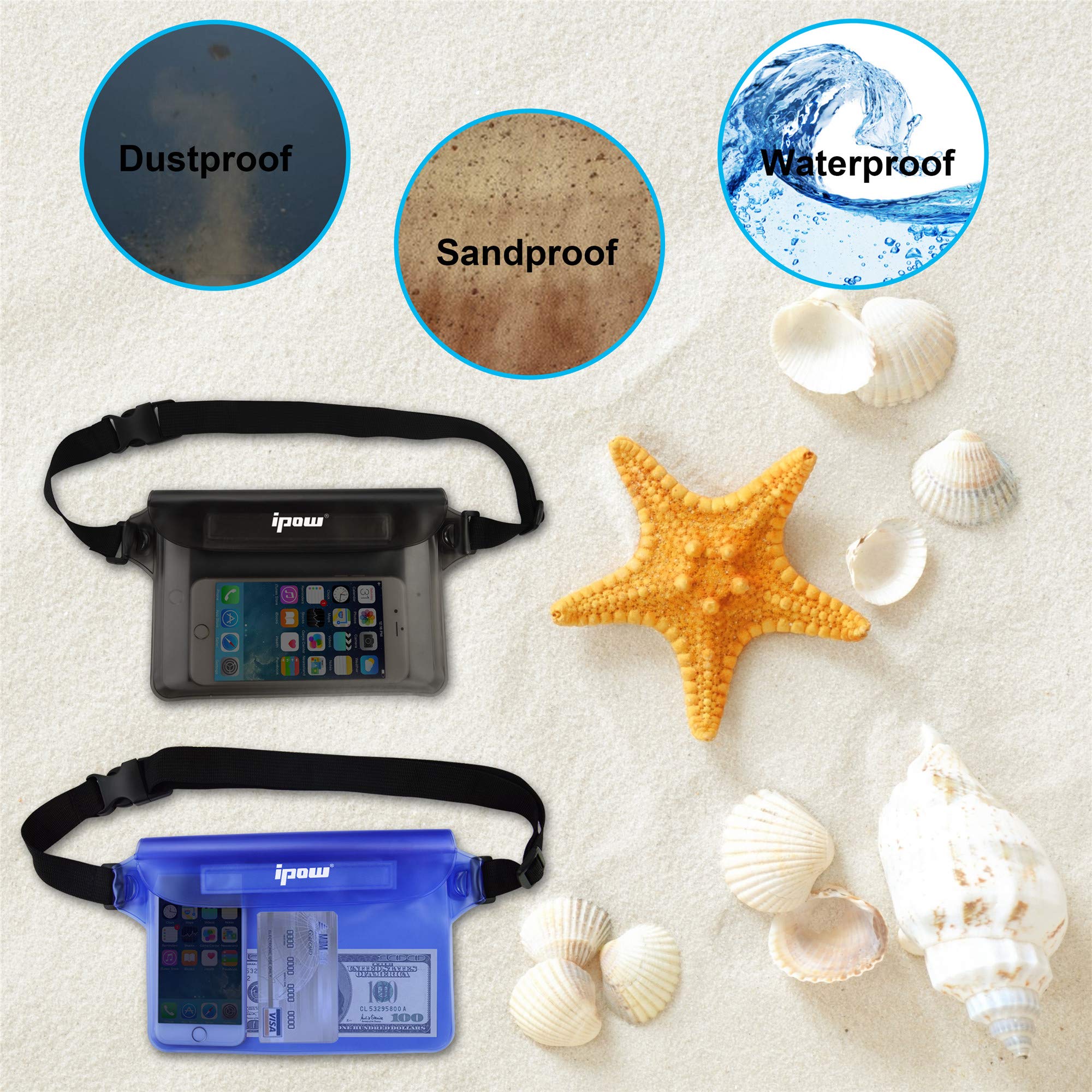 Bolsa Impermeable IPX8 Riñonera con Cinturón Ajustable para Playa Natación, Negro y Azul Traslúcido