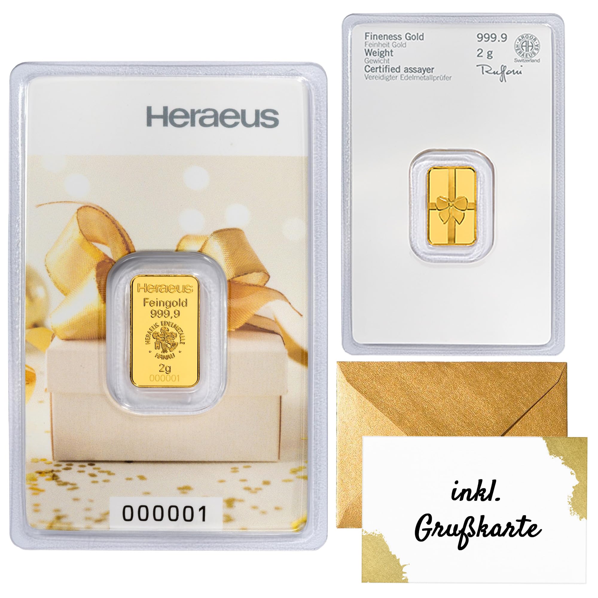 Goldbarren 2 g Geschenk - 2 Gramm Gold - Heraeus - Feingold 999.9 - LBMA Zertifiziert - NEU