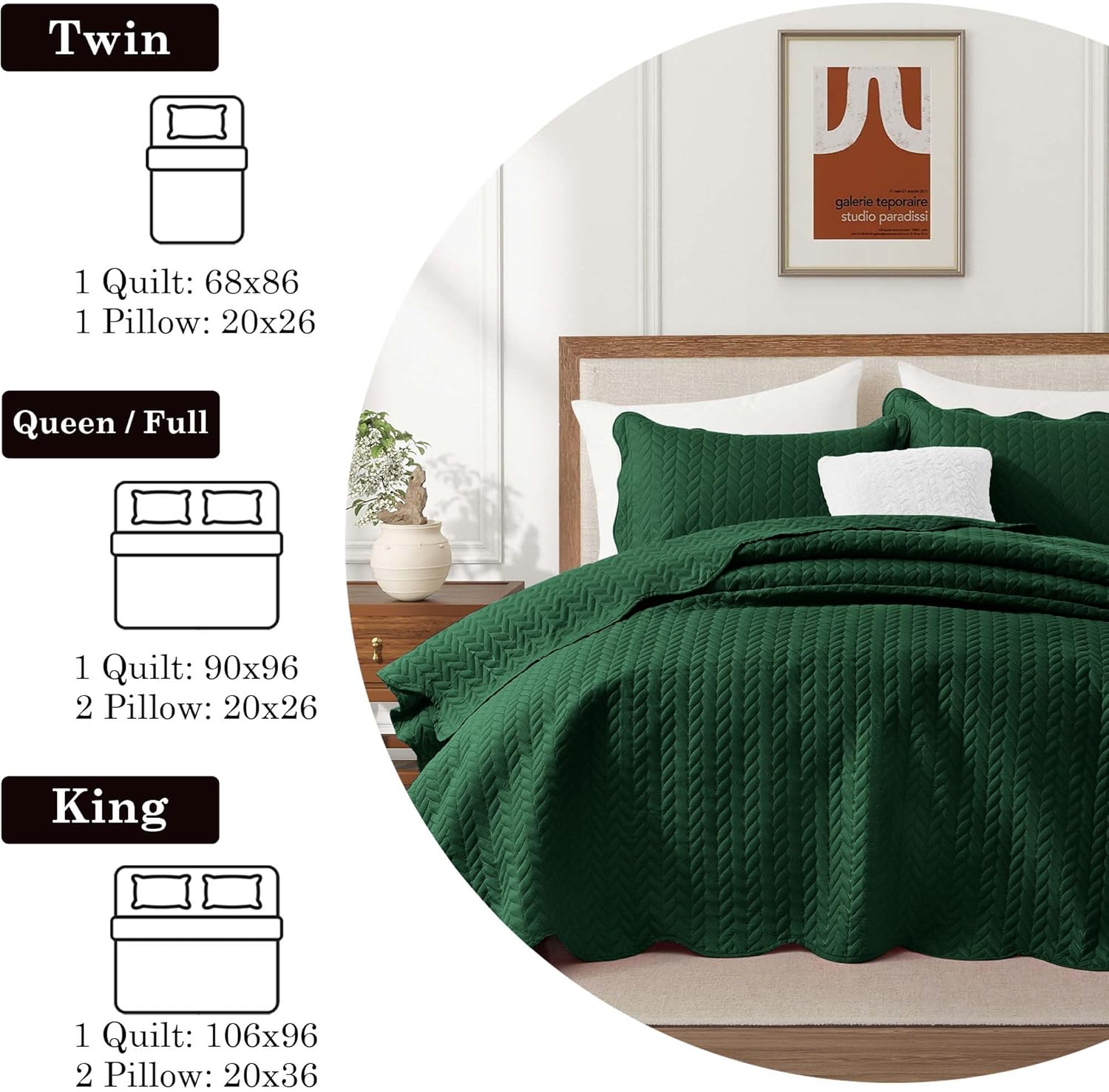 IR Imperial Rooms Queen Quilt Bedding Set Size (90" x 96") + 2 Pillow Shams (20" x 26"+ 2") - 3 Pcs All Season Lightweight Reversible Microfiber Coverlet Embossed Quilt Bedspread (Emerald) - Image 5