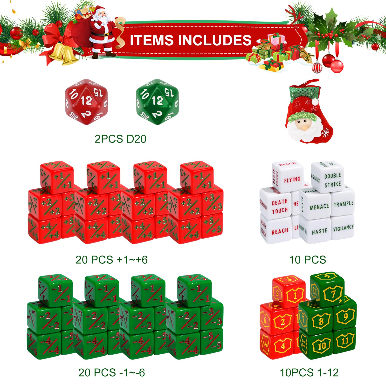 Amazon.com: FIGURESLAB 62PCS Christmas Themed MTG Dice Set with Stocking,  MTG Dice Counters Bulk Ability Keywords Token, Plus 1 Shield Life Counter  Keyword Buff Tokens Dice for TCG, CCG Cards Gaming Accessories :