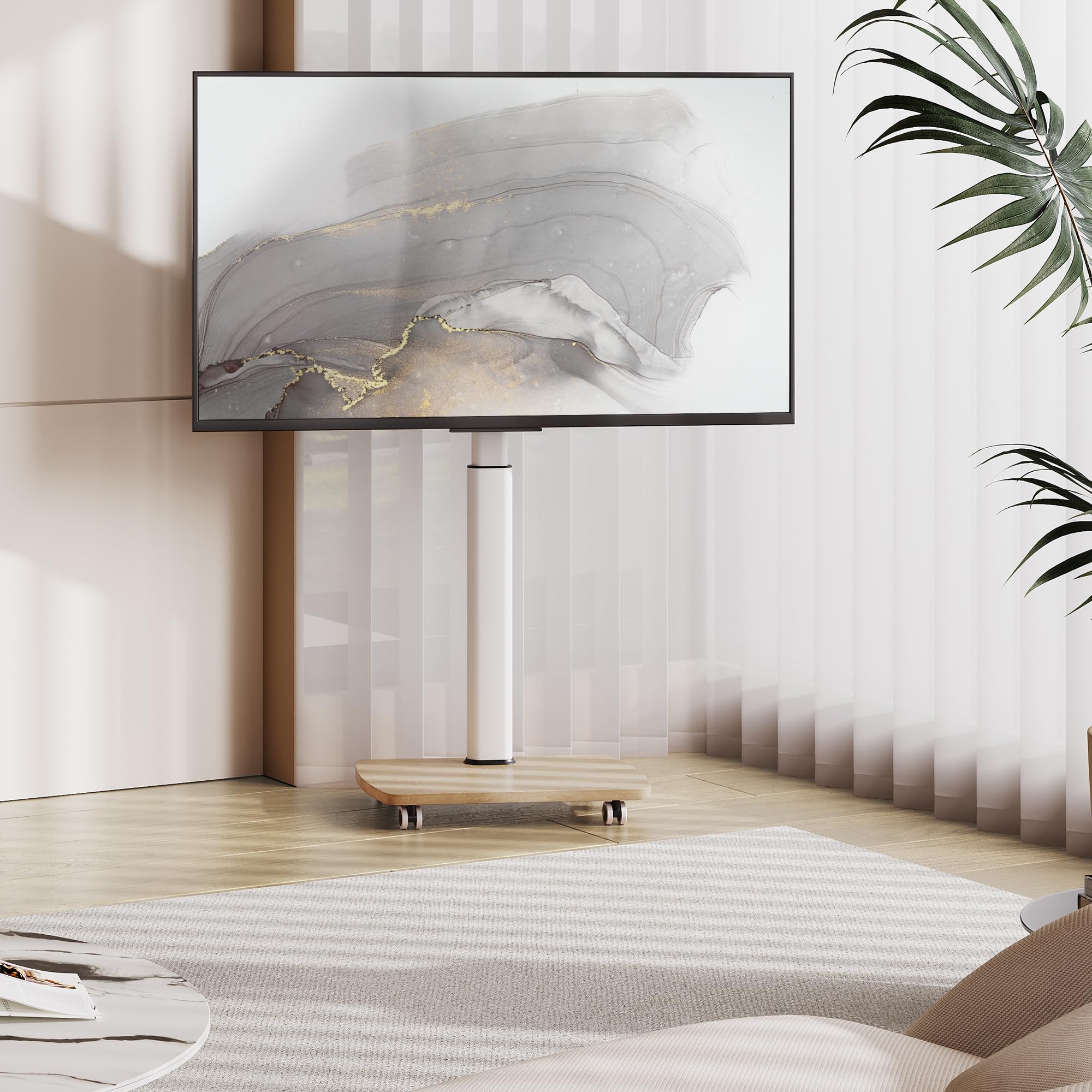 AOKCOS Carrello Porta TV con Ruote per 32-65 Pollici, Orizzontale e Verticale Supporto TV da Pavimento con Base in Legno, Inclinabile e Regolabile in Altezza, Max VESA 400x400mm 30kg