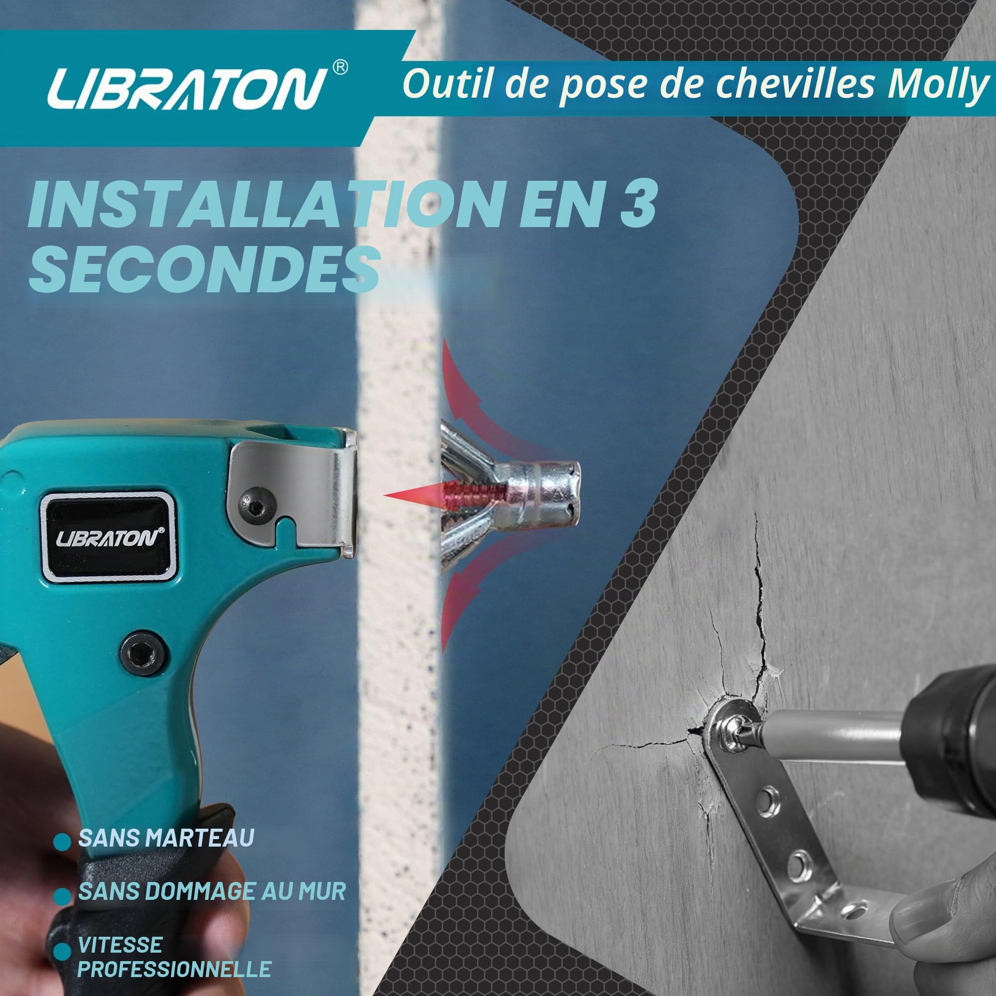 LIBRATON Kit de 30 Chevilles Molly Métalliques avec Pince, 6 Tailles Métalliques pour Placo/Plâtre (3-38mm), Ancrage Creux Charge Lourde 65 lbs, Pour TV, Étagère, Miroir