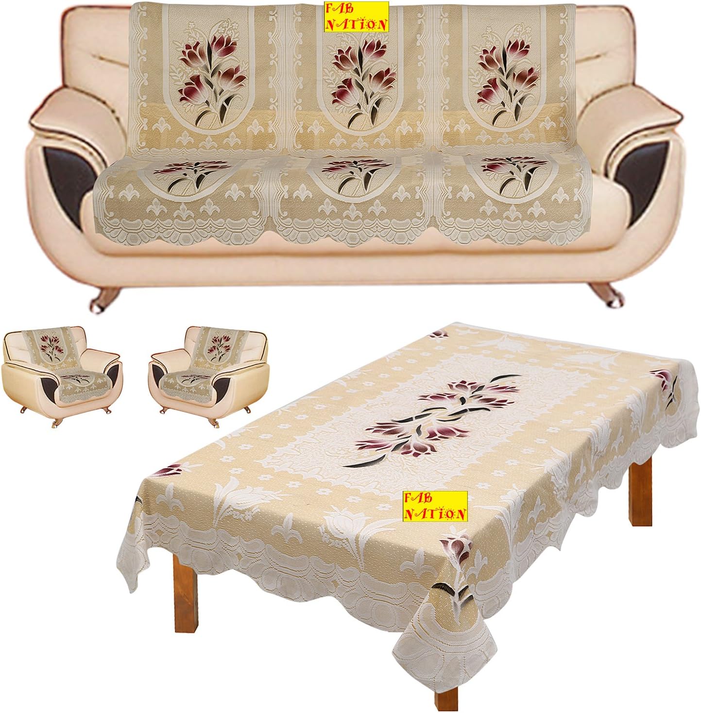 Fab Nation 5 Seater Polyester Blend Sofa Cover with Table Cover - Yellow (Floral Screen Prints)