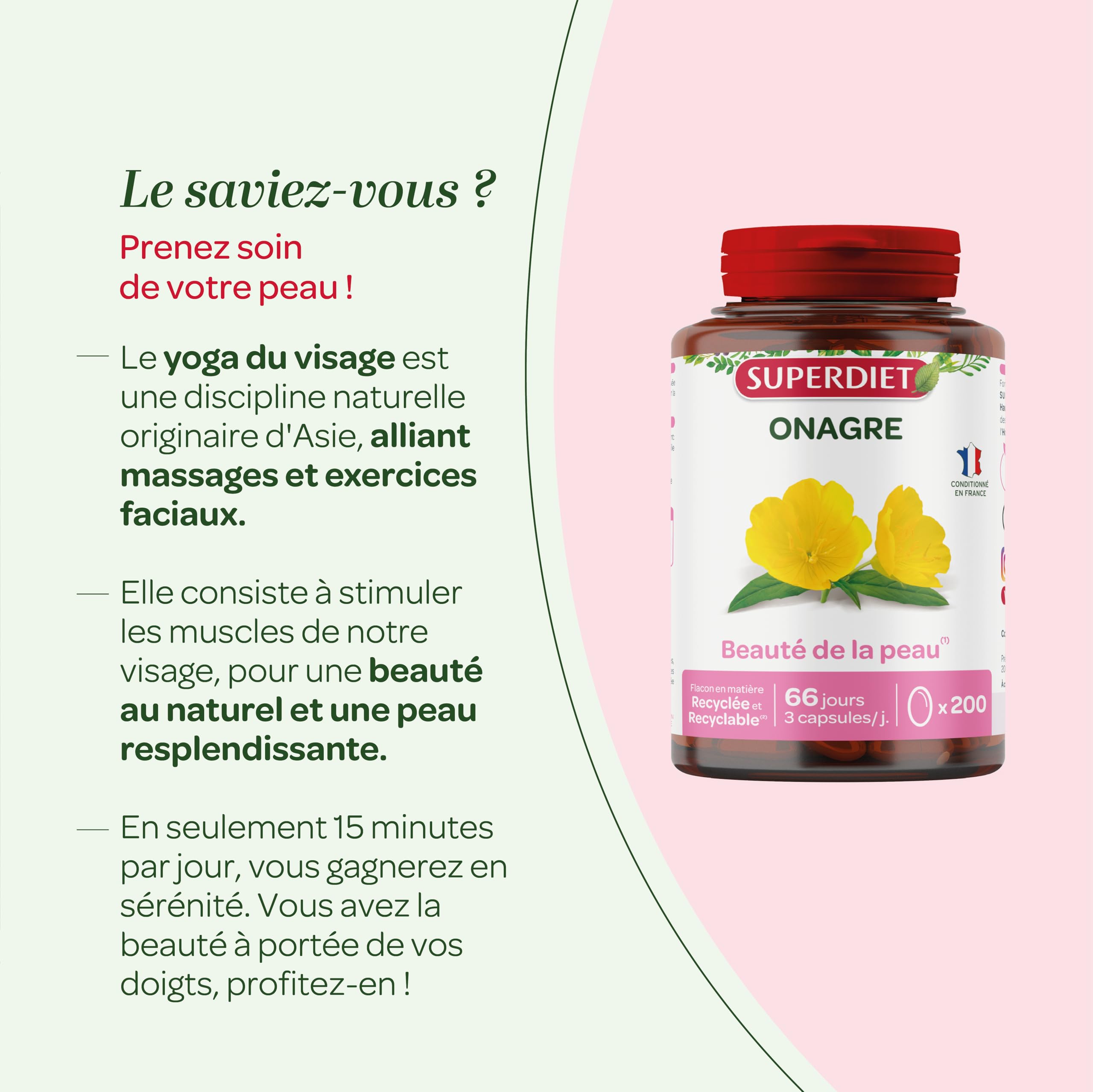 SUPERDIET –HUILE D'ONAGRE – Beauté de la peau – Phytothérapie – Conditionné en France – 200 capsules