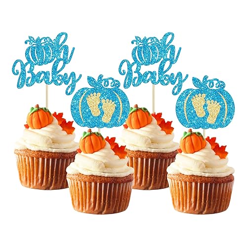 Gyufise 24 piezas de calabaza Oh Baby Cupcake Toppers Glitter Boy Baby Shower Calabaza Cupcake Picks Baby Feet Decoraciones para pasteles temáticos