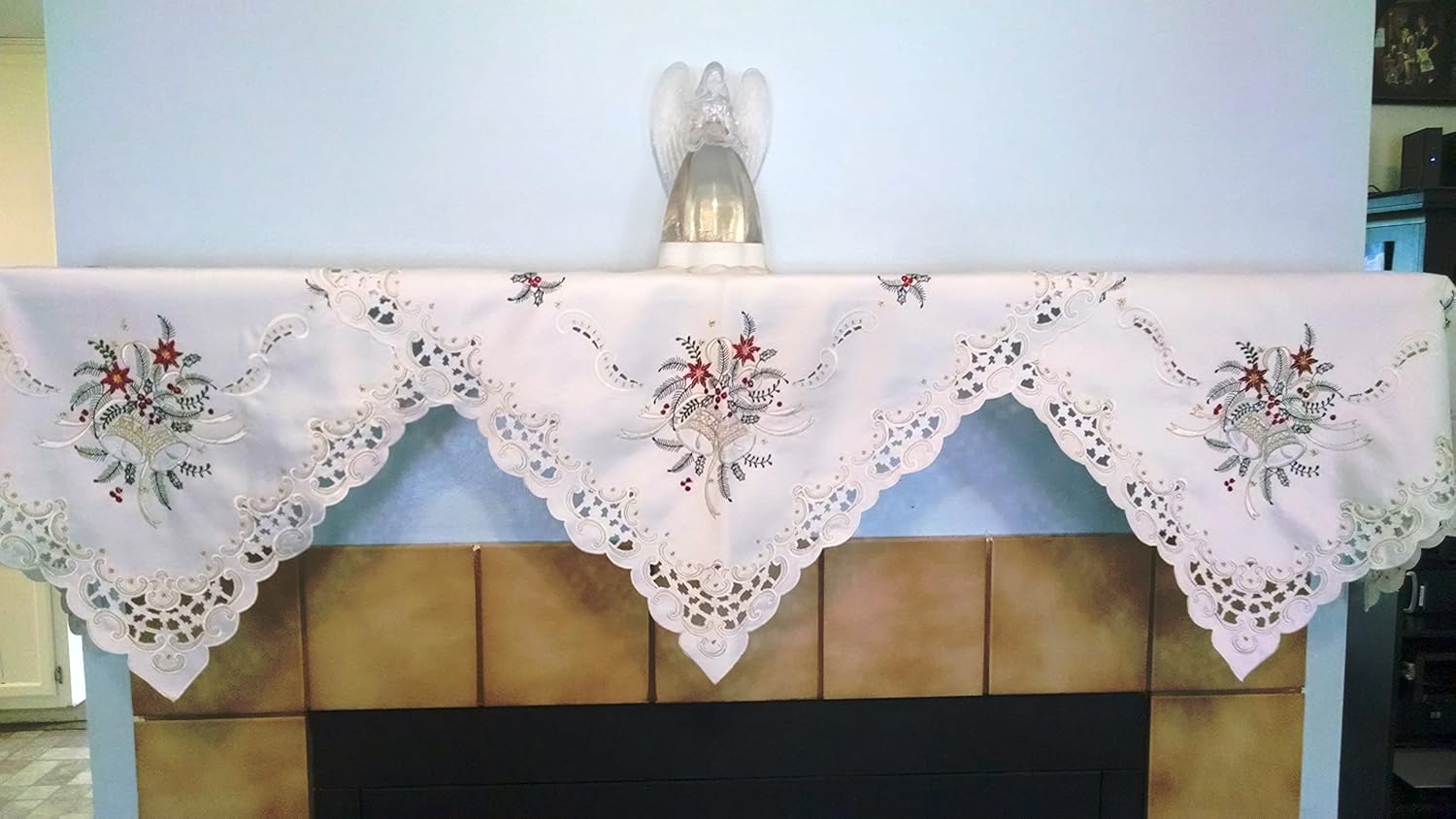 Christmas Fireplace Mantel Runner with Silver Bells Handmade, Size 84 x 27 inches