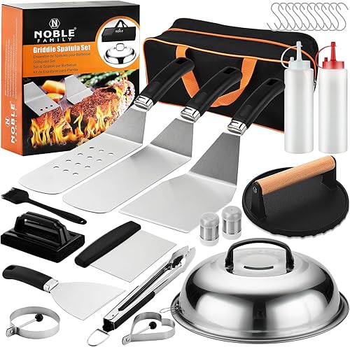 Kit de 27 accesorios para parrilla, juego de accesorios de parrilla superior plana para camping, juego de espátula profesional con cúpula de fusión,