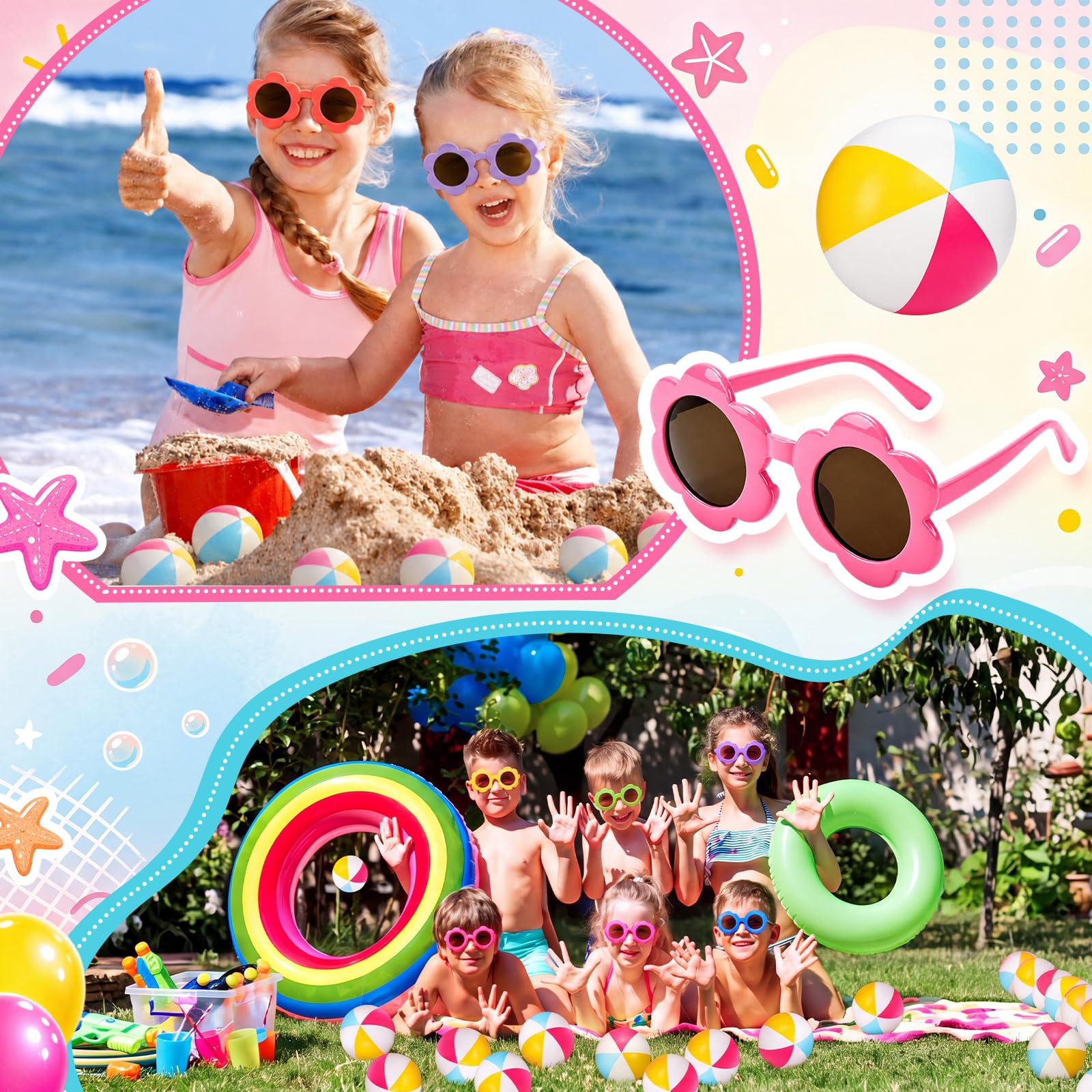 Jerify 48 palline da spiaggia antistress occhiali da sole all'ingrosso per feste estive in spiaggia bomboniere 24 mini palline da 6,3 cm in PU 24 occhiali da sole per bambini con fiori Goodie Bag