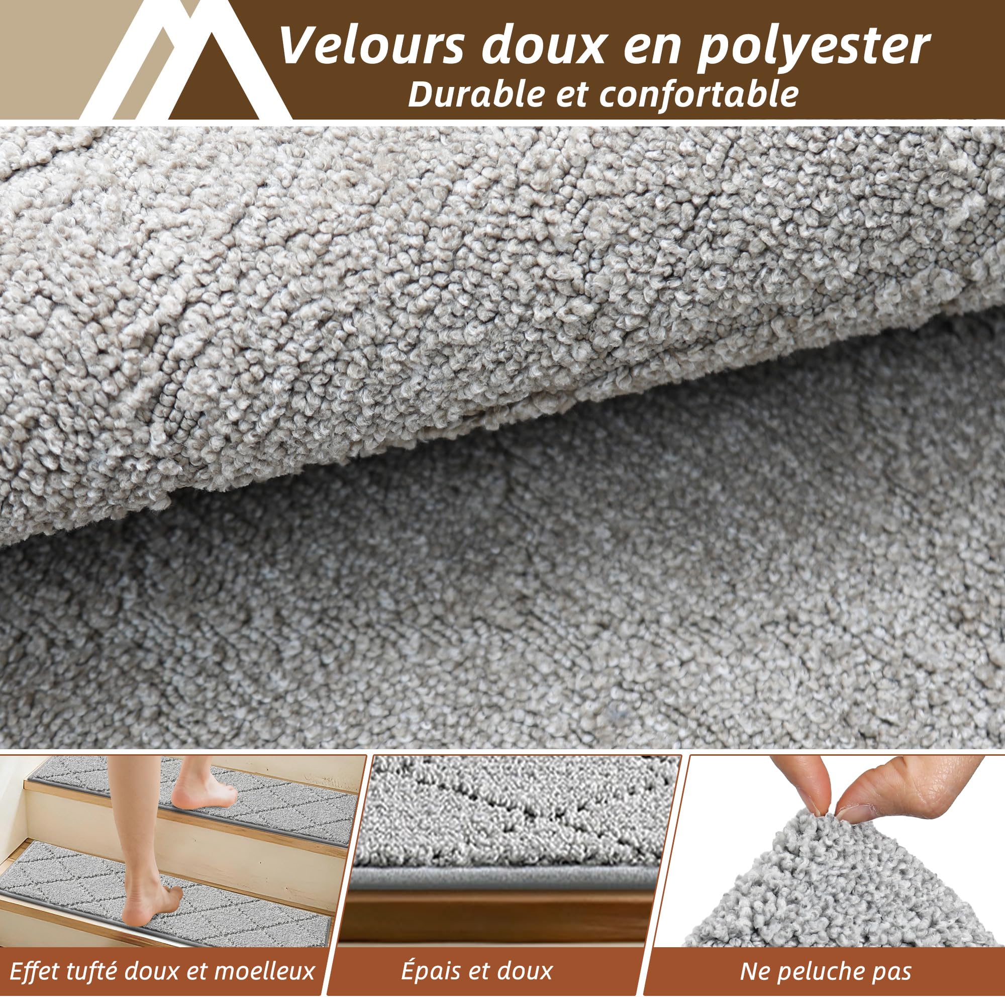 COSY HOMEER Tapis Escalier Antidérapant Lot de 15, 70 x 22 cm – Moquette Escalier Rutschfeste, Lavable en Machine, 100% Polyester, Dos TPE, Gris