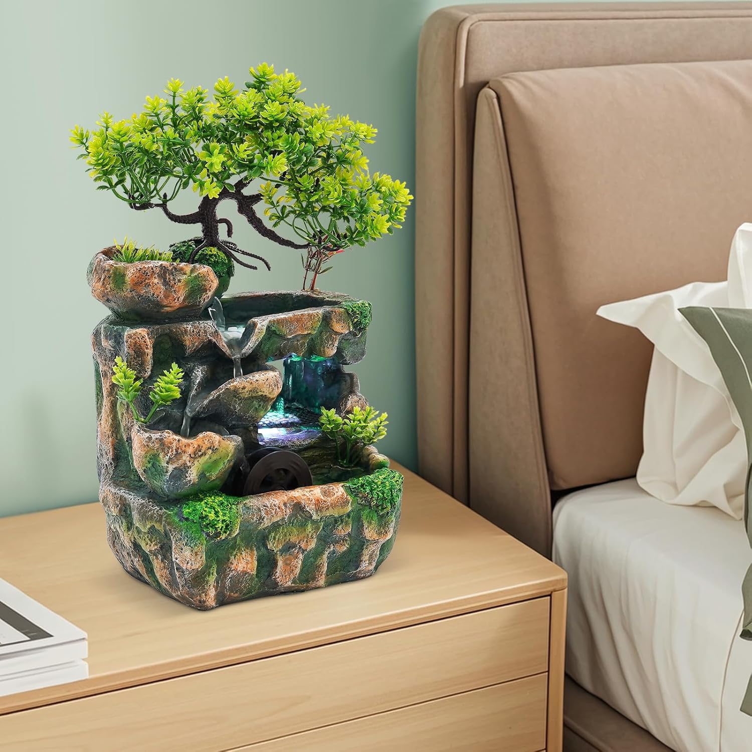 Tabletop Fountain, Water Fountain Rockery Ornaments with LED Light, Mini Desktop Waterfall Small Rockery Fountain Decoration with Automatic Pump for Home Office Bedroom Desk