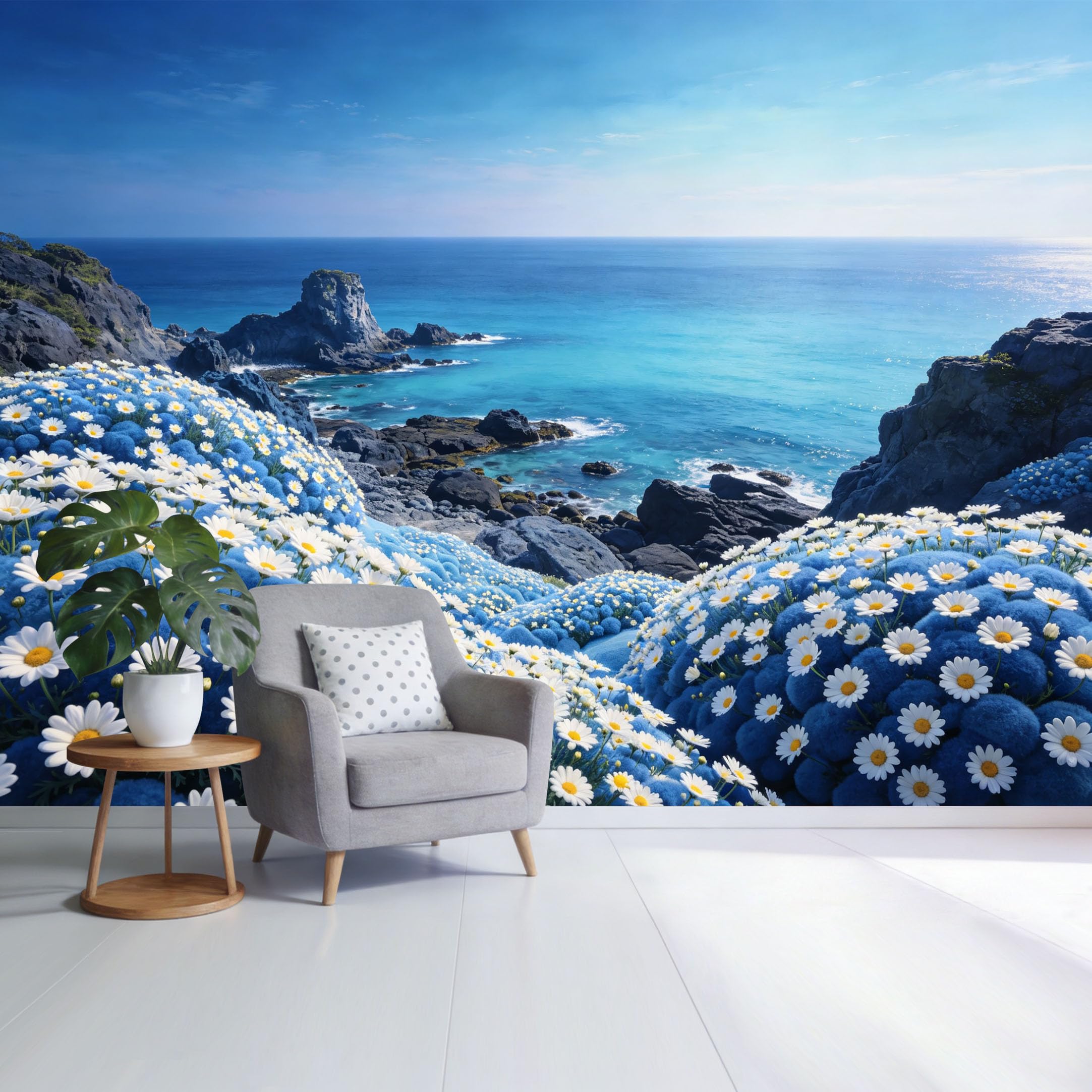 Custom Size Wall Mural Coastal Ocean View Blue Daisy Flower Landscape Seaside Cliff Botanical Style SelfAdhesive Wall Fabric Removable Wallpaper for Home Office Decor