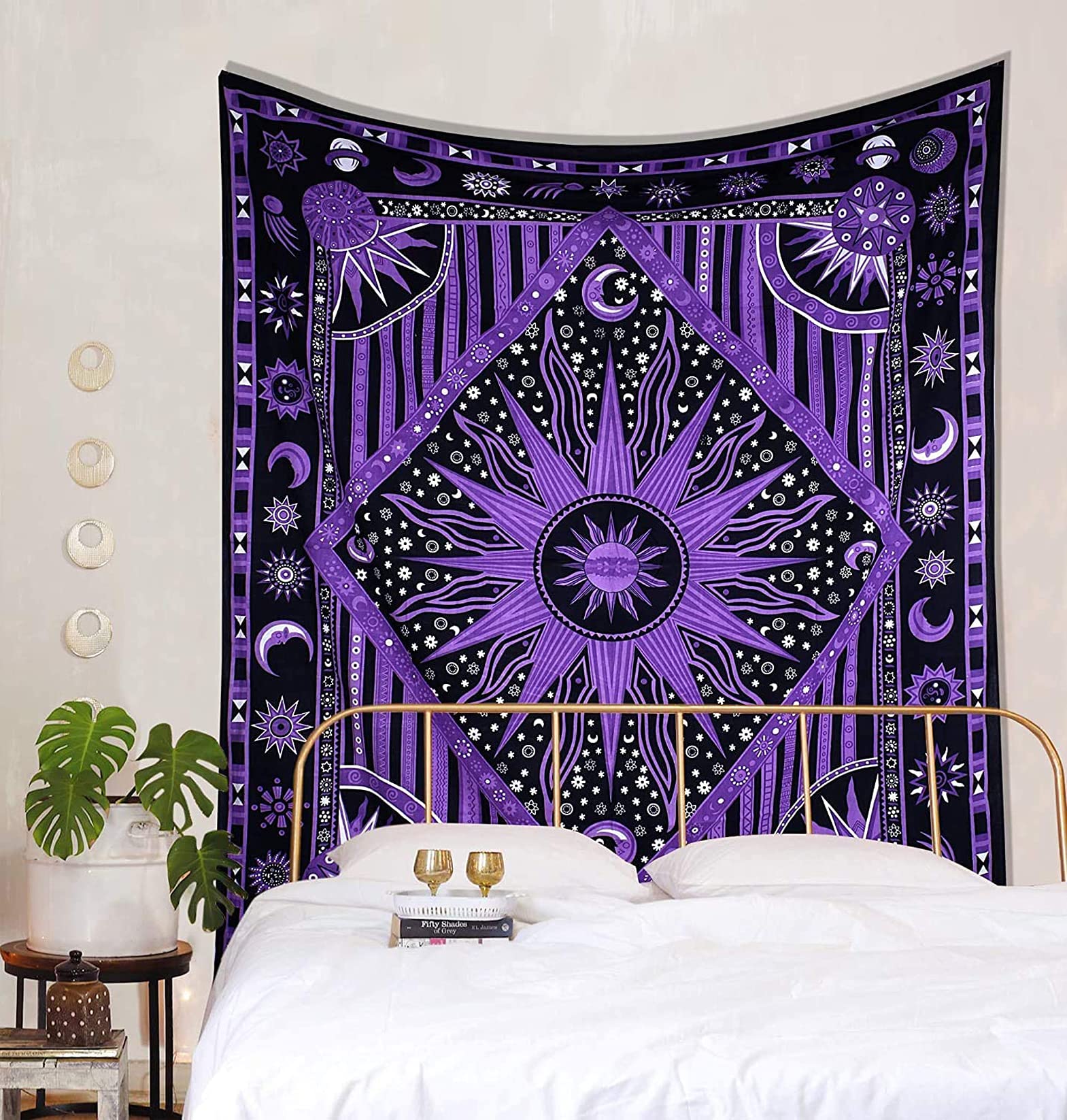 raajsee Sun And Moon Tapestry Burning Sun With Stars Mystic Wall Hanging Tapestries Hippie- Purple Celestial Tapestrys For Bedroom- Indie Wall Hippie Room Décor 82x92 inch