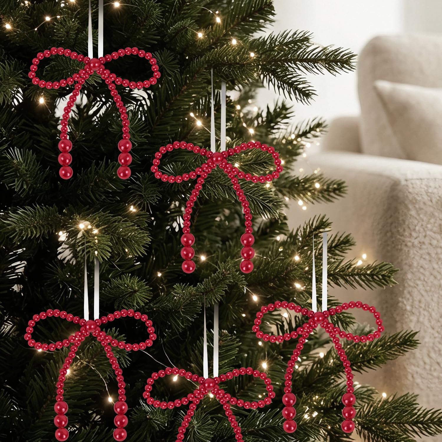 Artmag 24 Pcs Christmas Pearl Bows Decorative Hanging Ornaments with Ropes Bowknot Tree Topper Pendant Gift for Christmas Holiday Party Wedding Tree Wreath Decoration (Red)